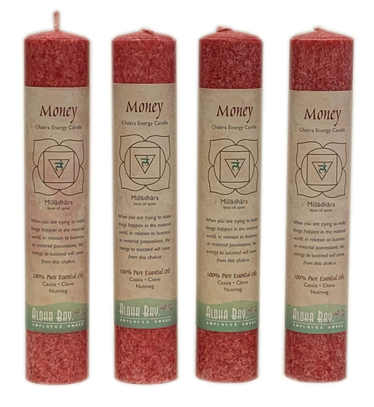Premium Scented Candle Hand Made Chakra Energy Pillar | 4-Pack | Money, Muladhara | Yoga, Prayer & Meditation Candle | Long Burn 15 Hours | Essential Oils of Cassia, Clove & Nutmeg | Aloha Bay