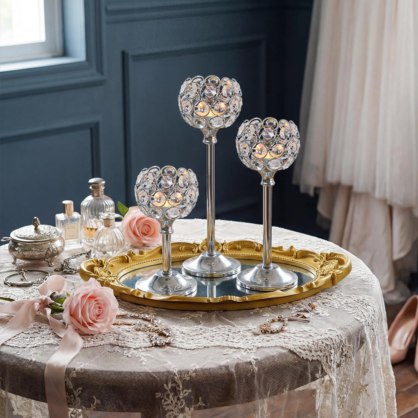 Kehail Set of 3 Silver Crystal Metal Tealight Candlestick, Bling Bowl Candelabras, Tall Votive Candle Holders Elegant Candle Centerpiece for Dining Table Wedding Decor