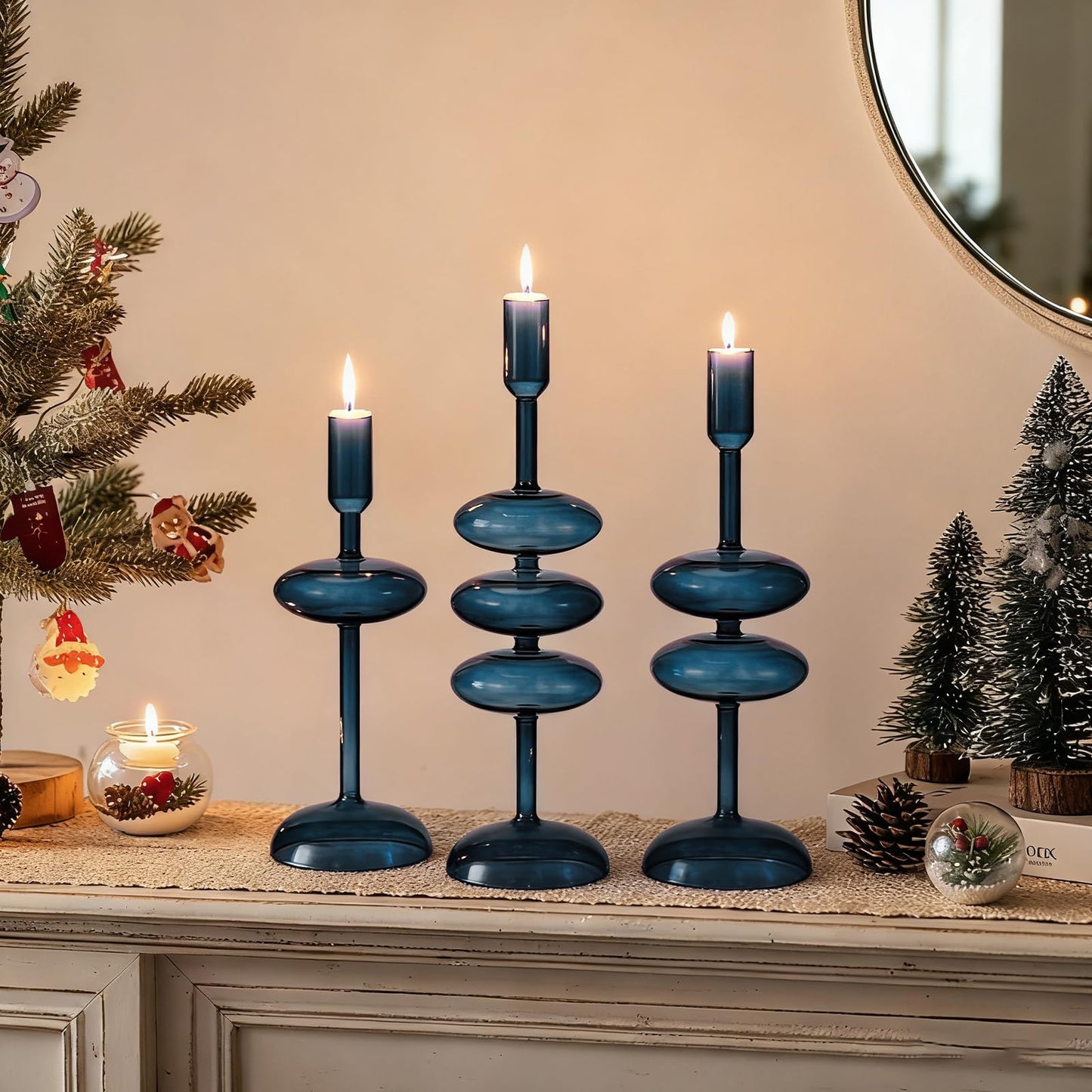 LemonRoad Glass Taper Candle Holders Set of 3, Bubble Candlestick Holders for Table Centerpiece, Elegant Wavy Stacked Geometric Candleholders for Wedding, Dinner, Party, Home Decor(Deep Blue)
