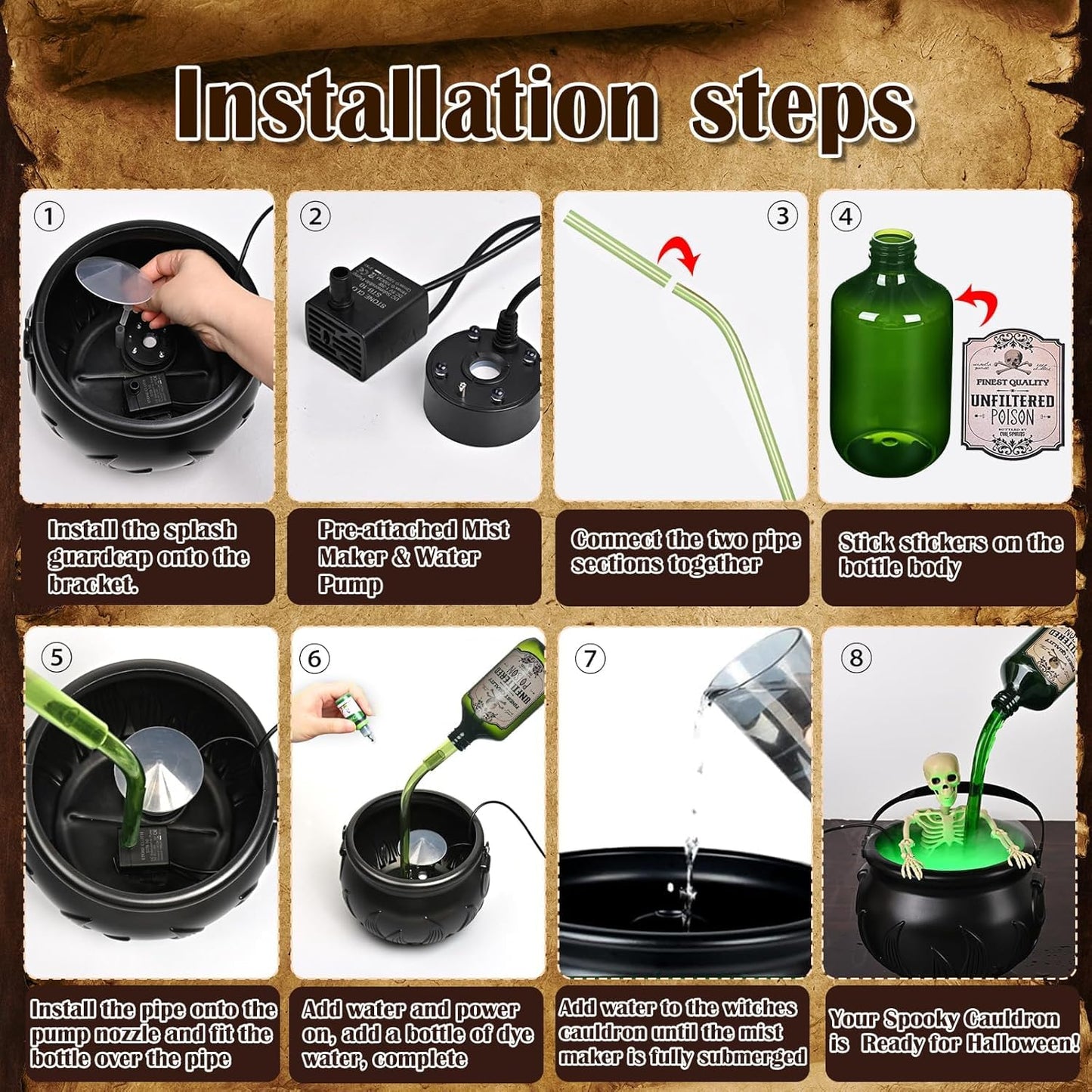 Halloween Decorations Indoor, Cauldron Halloween Decor with Magic Floating Potion Bottles and Diffuser - Black Witches Bowl Hocus Pocus Party Decoration for Spooky Home Kitchen Table (8in/20cm)