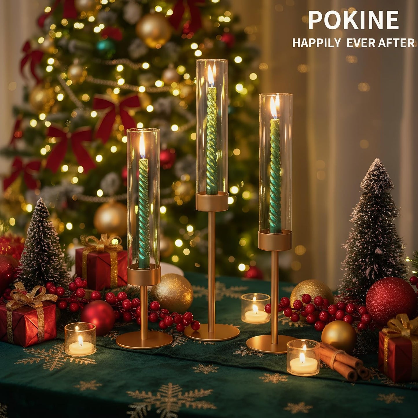 POKINE Set of 6 Gold Candle Holders, Tall Hurricane Candlestick Holders with Glass for Taper and Pillar Candles, Home Decor for Wedding, Christmas, Party, Anniversary, Dining Table