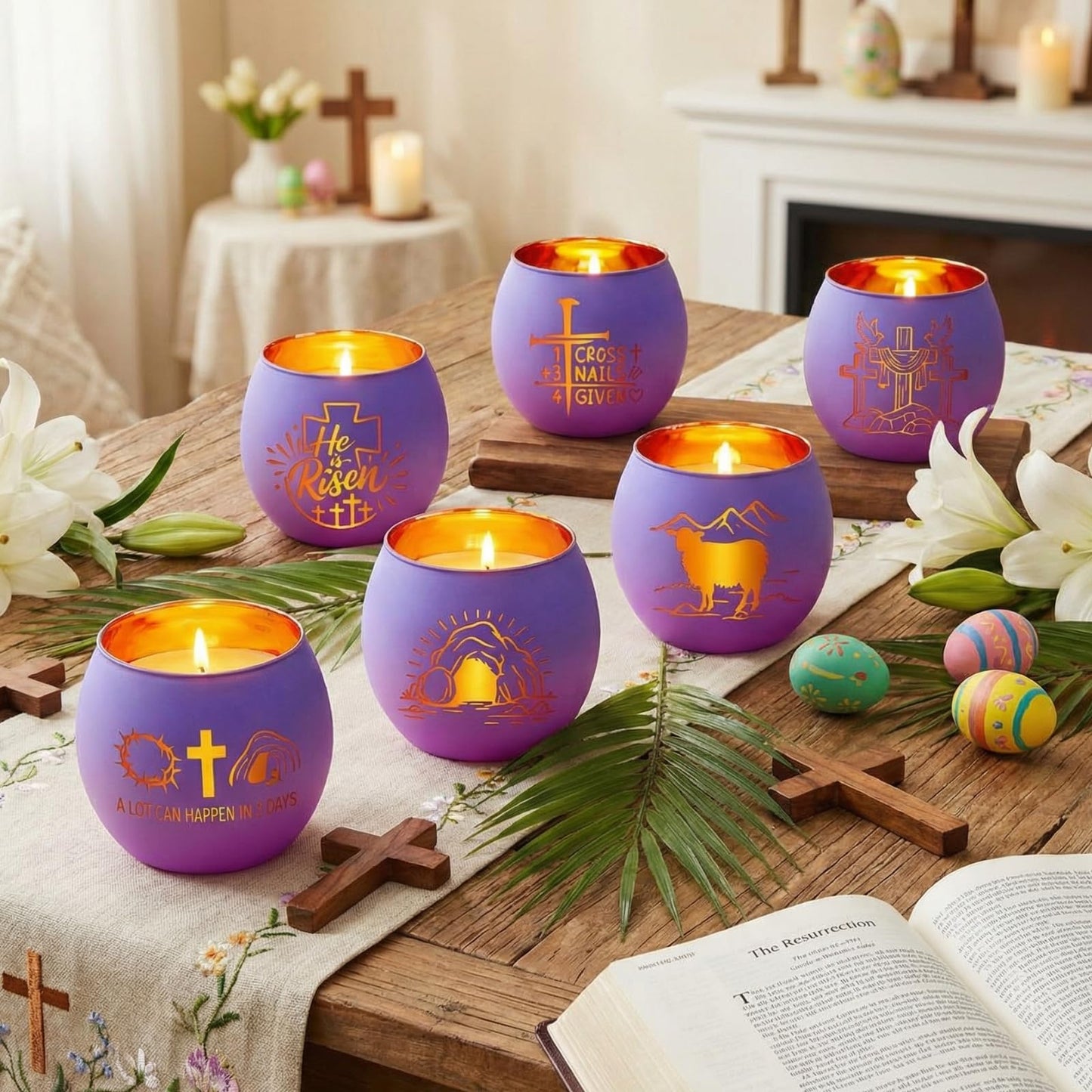 FoldTier 6 Pcs Easter Candle Holders He is Risen Tealight Votive Candle Holder for Table Centerpiece Christian Religious Glass Tealight Votive Easter Tabletop Decor for Home Altar Decoration