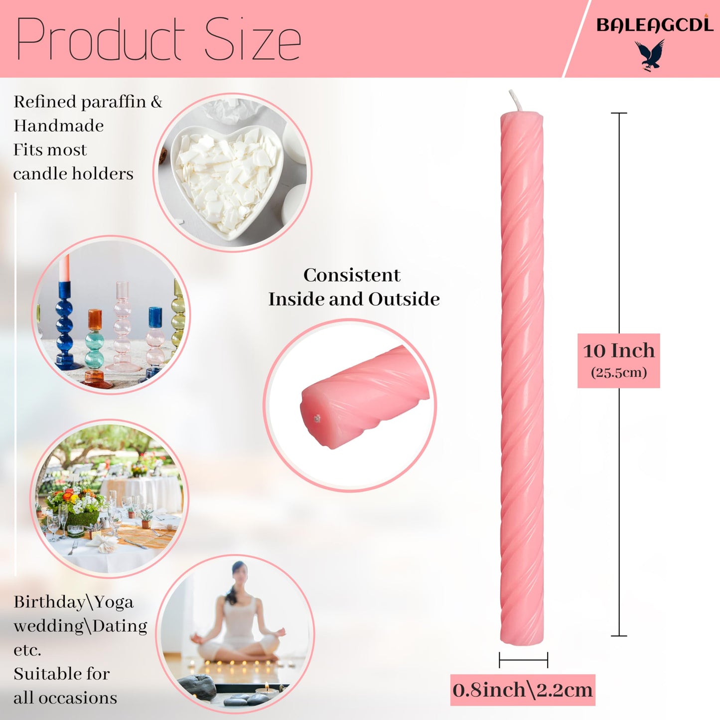 Dripless Twisted Taper Candles Pink Unscented Candlesticks 10 Inch Handmade Long Lasting Burn Candles Smokeless Candle Sticks for Party Art Home Decor 2 Pcs