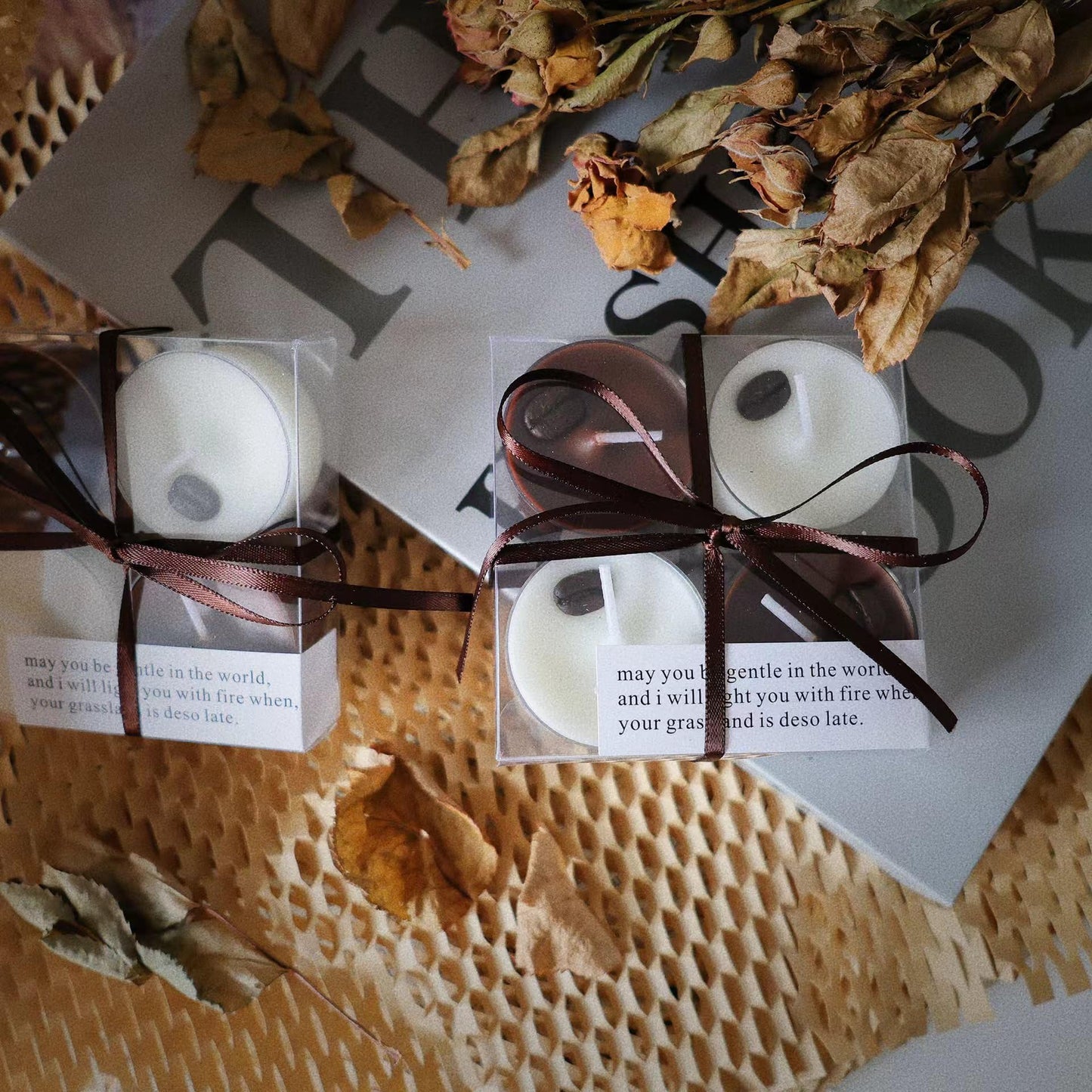 Coffee Scented Tea Lights - 4-Pack Beeswax Soy Wax Candles, White & Brown with Real Coffee Bean Decoration, Long-Lasting, Perfect for Relaxation and Gifts