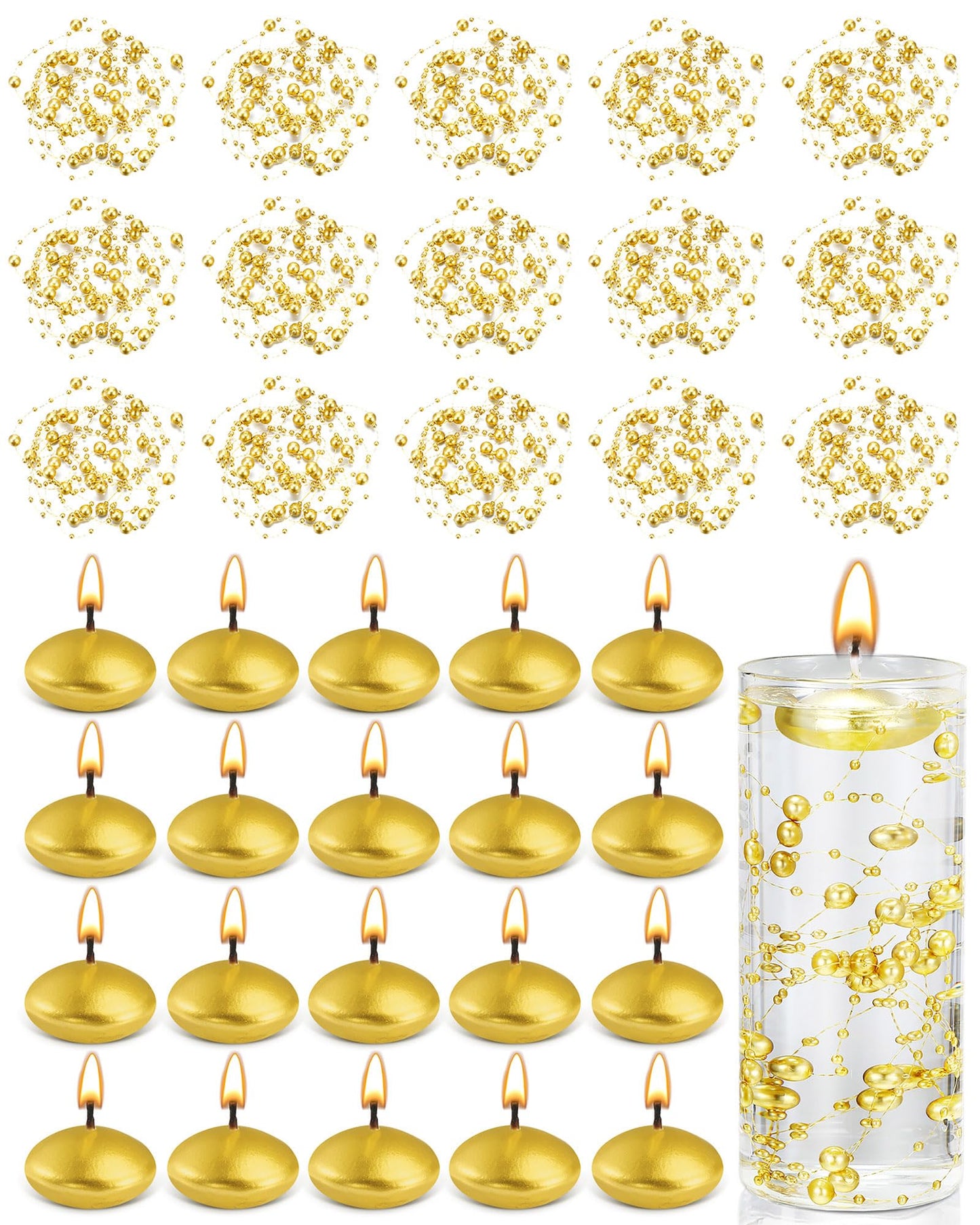 Fumete 40 Pcs Gold Floating Candle & Pearl String Set: 20 Unscented Wax Tealights (1.5") & 20 Faux Pearl Chains (4.4ft), Elegant Vase Filler for Wedding Centerpiece, Bridal Shower & Gala Dinners Decor