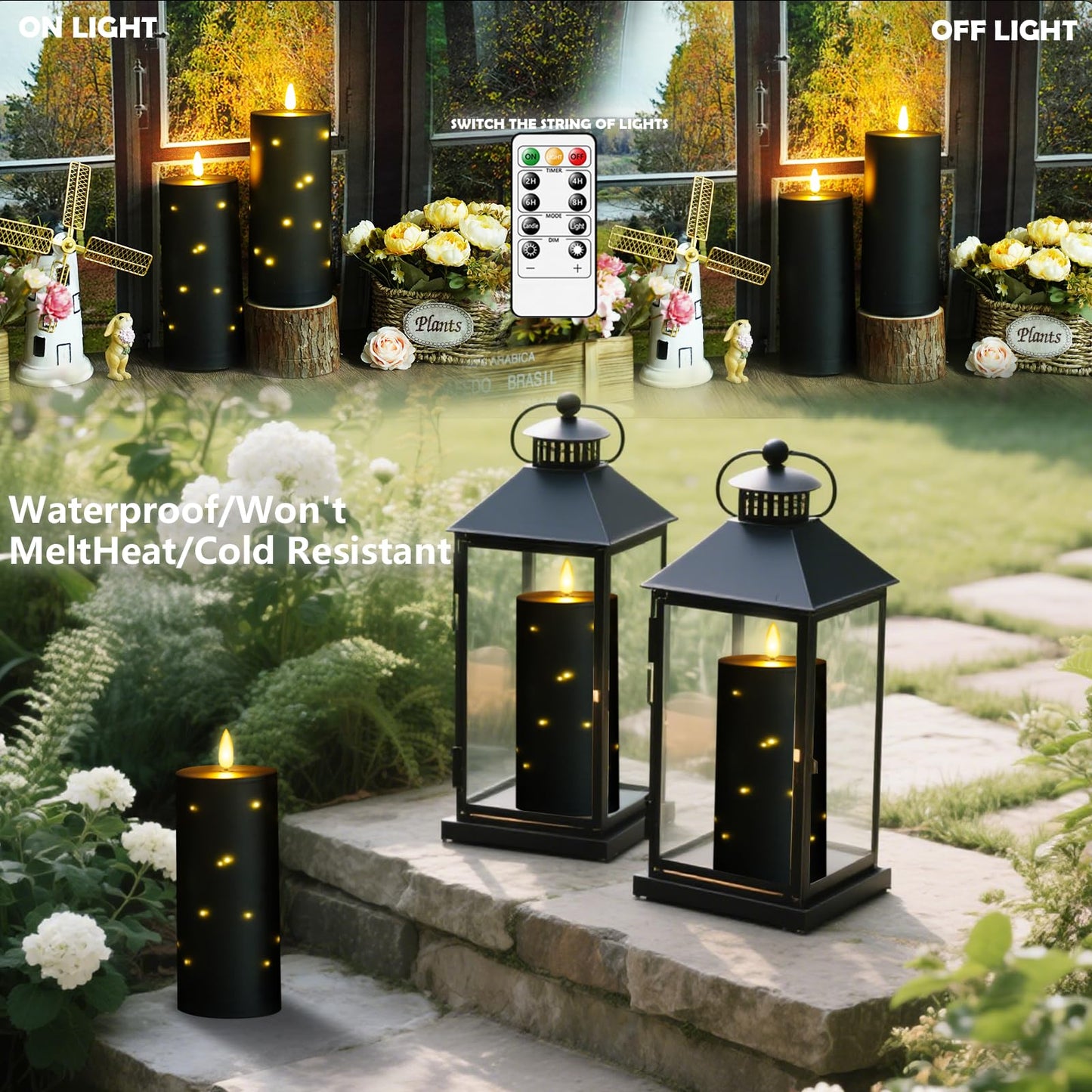 kakoya 10" x 4" Large Outdoor Waterproof Flickering Flameless Candles with Timer,2Pcs Battery Operated LED Pillar Candles with Embedded Star String for Outdoor Lanterns,Porch,Patio Decor(Black)