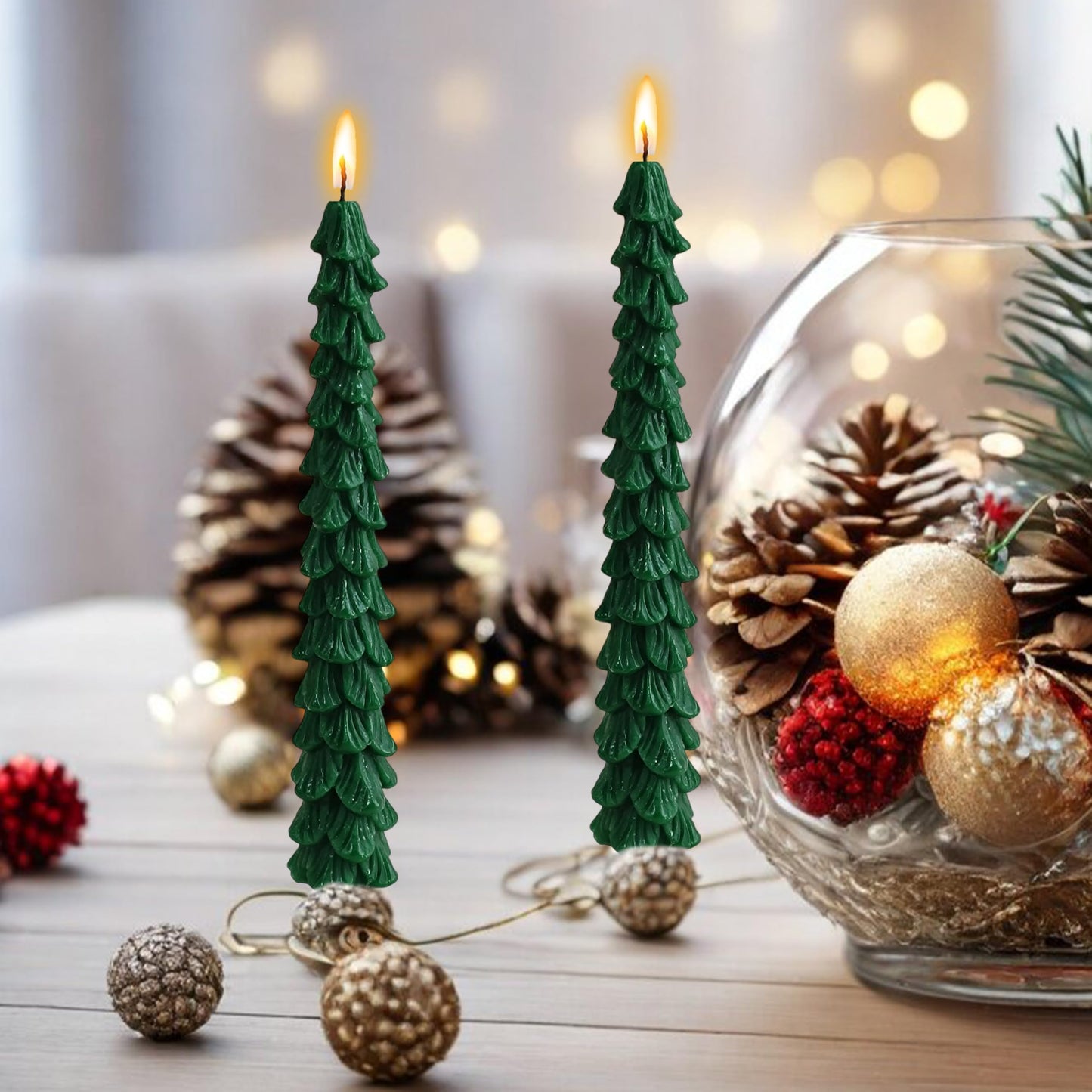 Green Christmas Tree Shaped Taper Candles 10 Inch Xmas Eve Holiday Candle Unscented Candlesticks for Christmas Party Room House Kitchen Decor Wedding Decorations Gift, 2 Pack