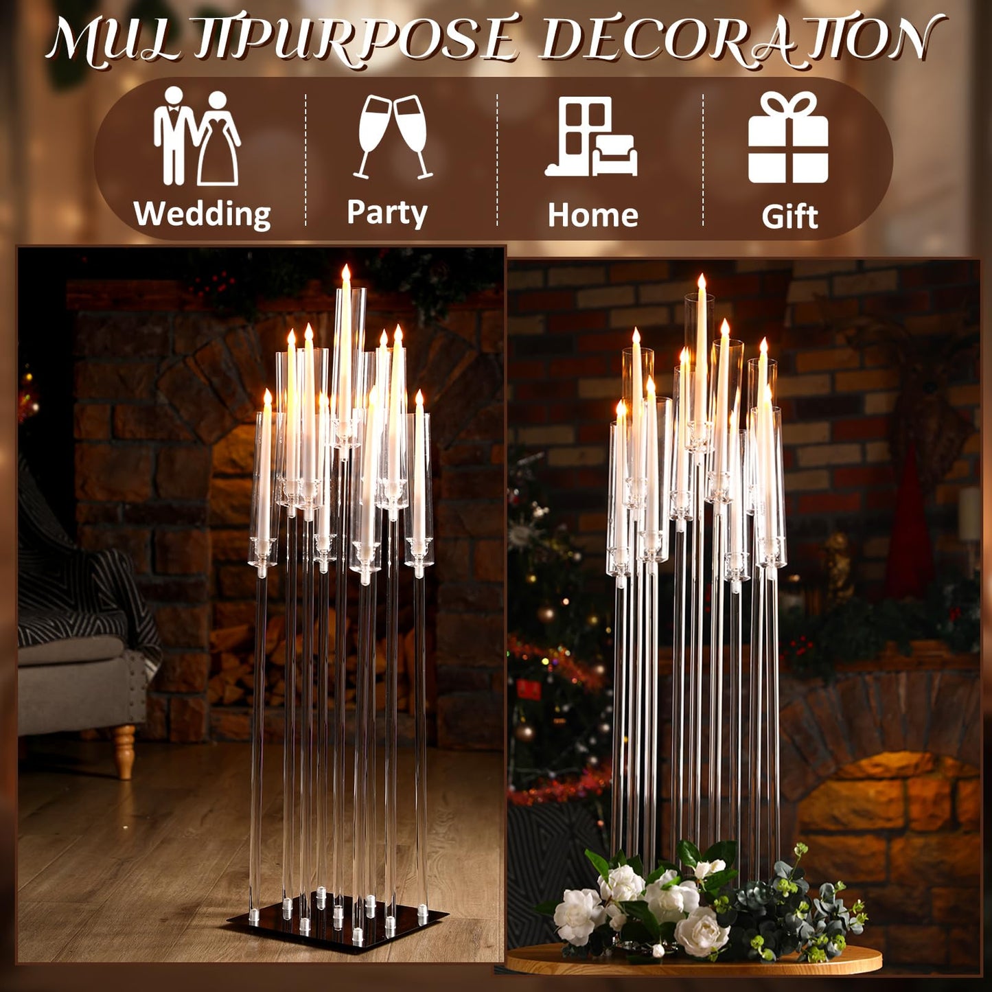 Tessco 4 Set 9 Arm Acrylic Candelabra Candle Holder 42.5'' Clear Candelabra Centerpieces for Wedding, Candlesticks Holder with Lampshade Metel Mirror Base for Wedding Christmas Dinner Party Decor