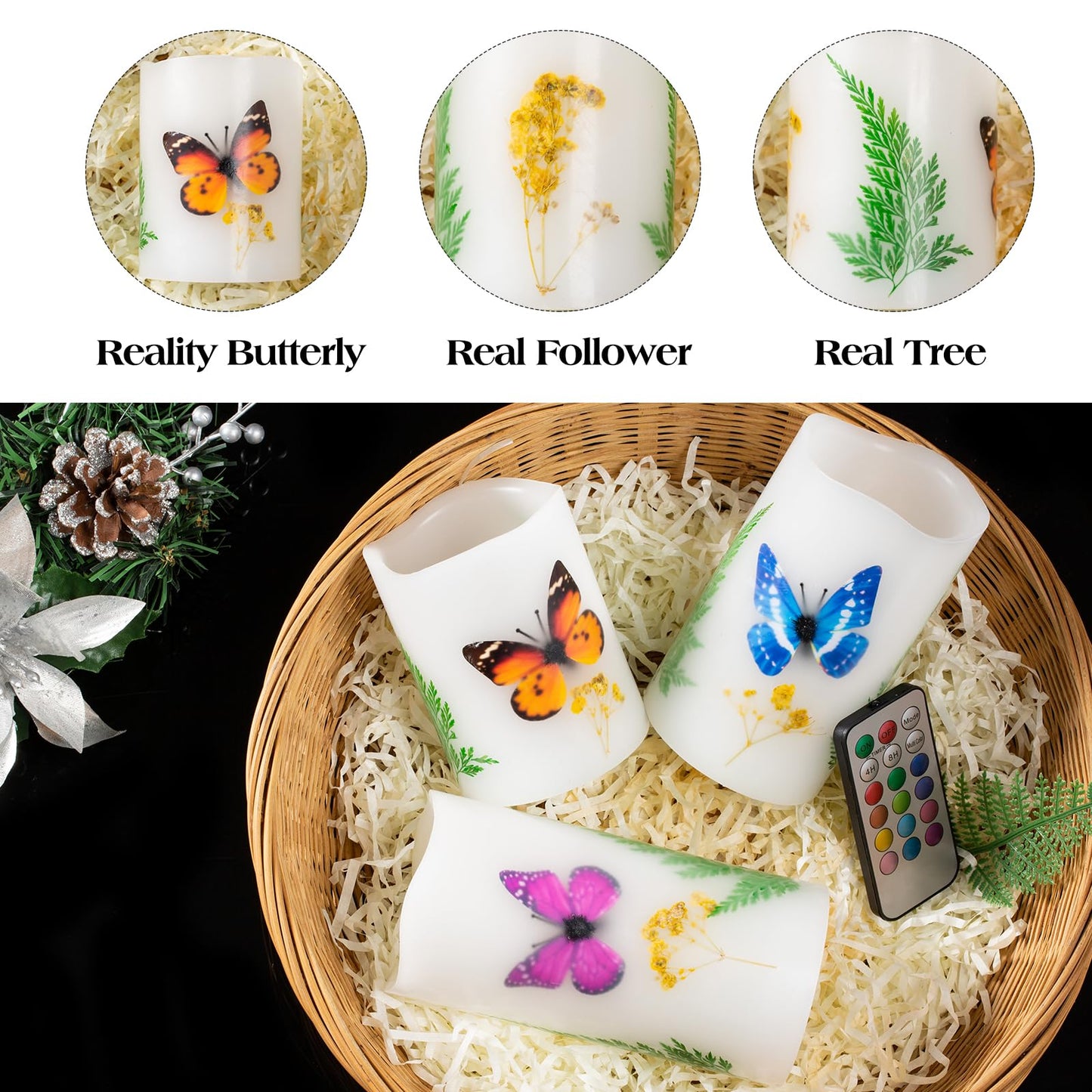 UNIVELA Candles Set of 3 Flameless 4" 5" 6" Unscented Tealight Butterfly Flower Plants Decor Real Wax Pillar Candle LED Lights 12 Color Changing 4H 8H Timer Remote Control AAA Batteries Operated