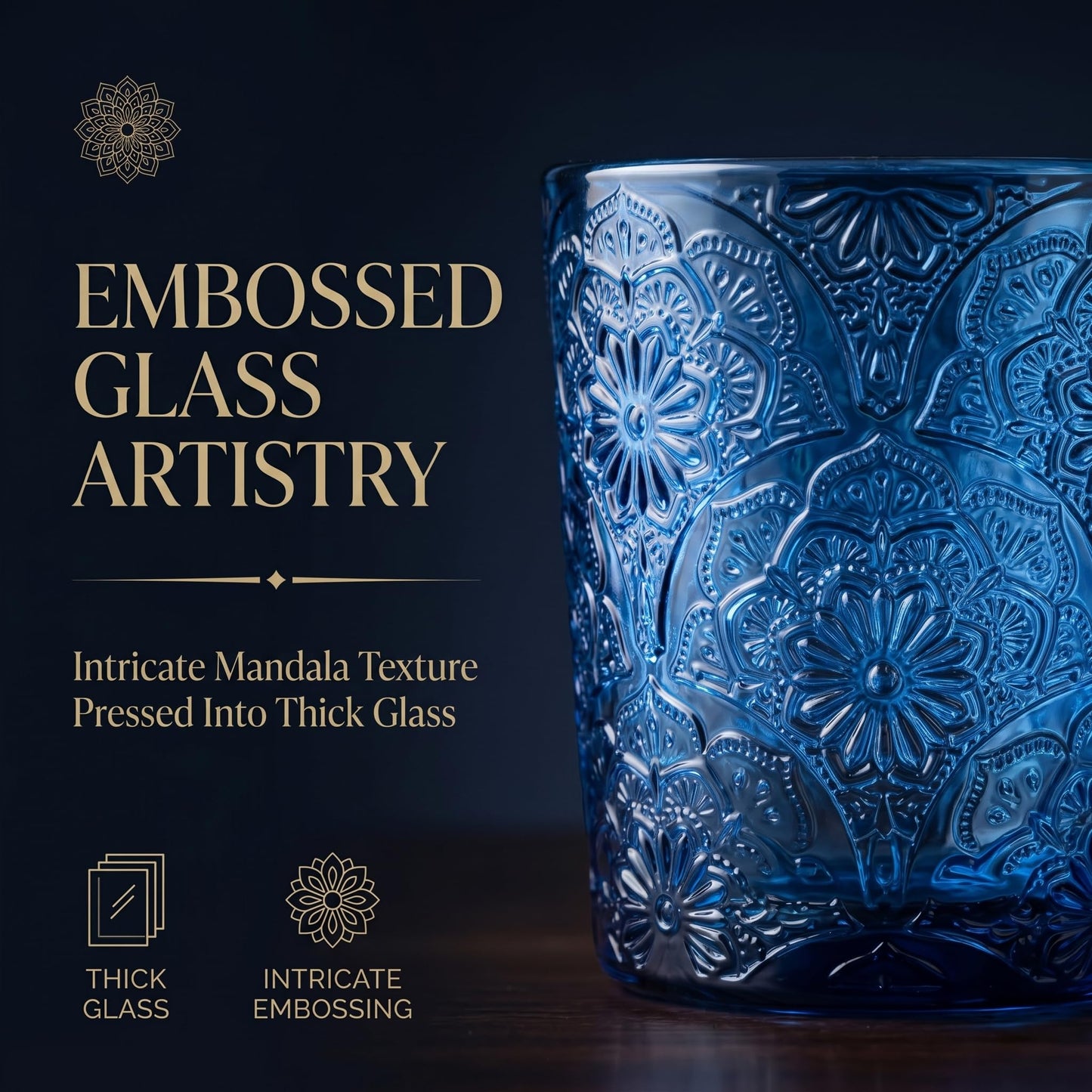 12 Pack Mandala Embossed Glass Candle Holders – Votive Tealight Holders with Patent Design, Decorative Embossed Glass Cups for Wedding Centerpieces, Parties, and Home Décor (Ocean Blue)
