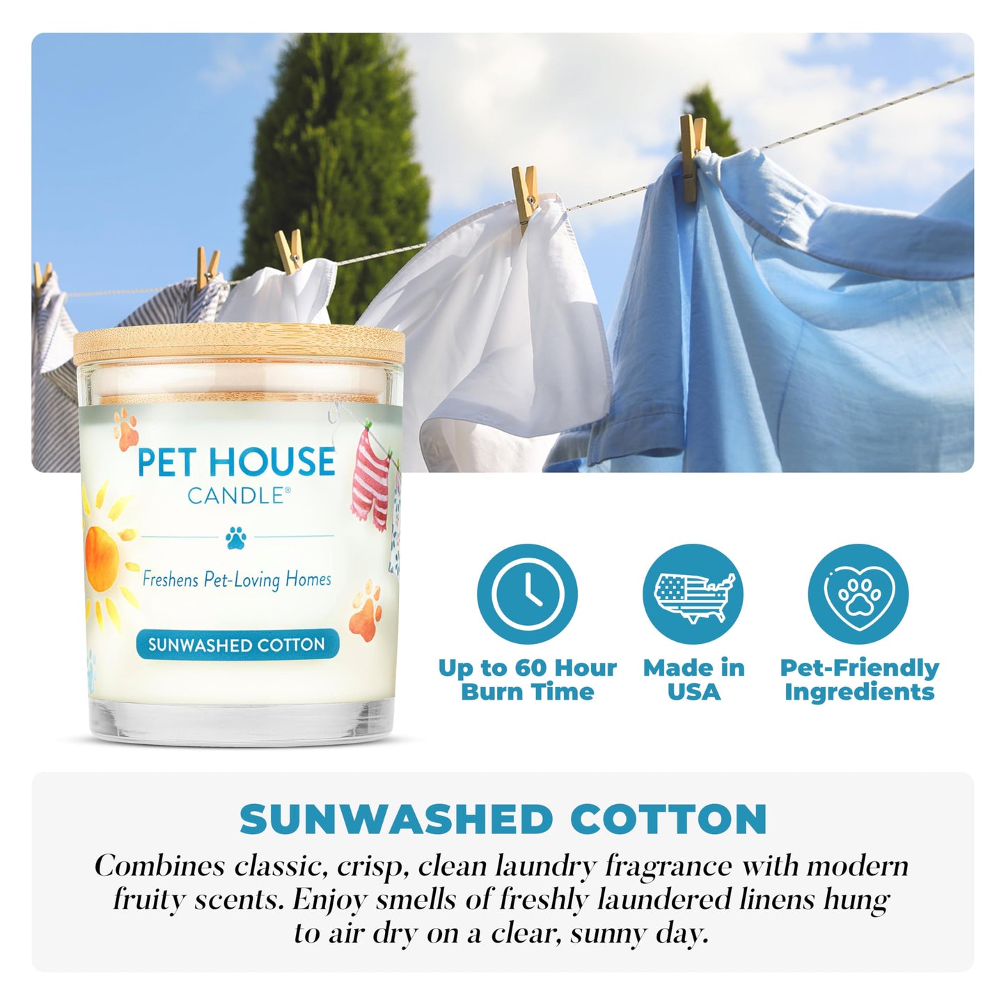 One Fur All Pet House Candle Plant-Based/Soy - Clean Burning Scented,Long Lasting Pet Odor Candle for Home - Sunwashed Cotton