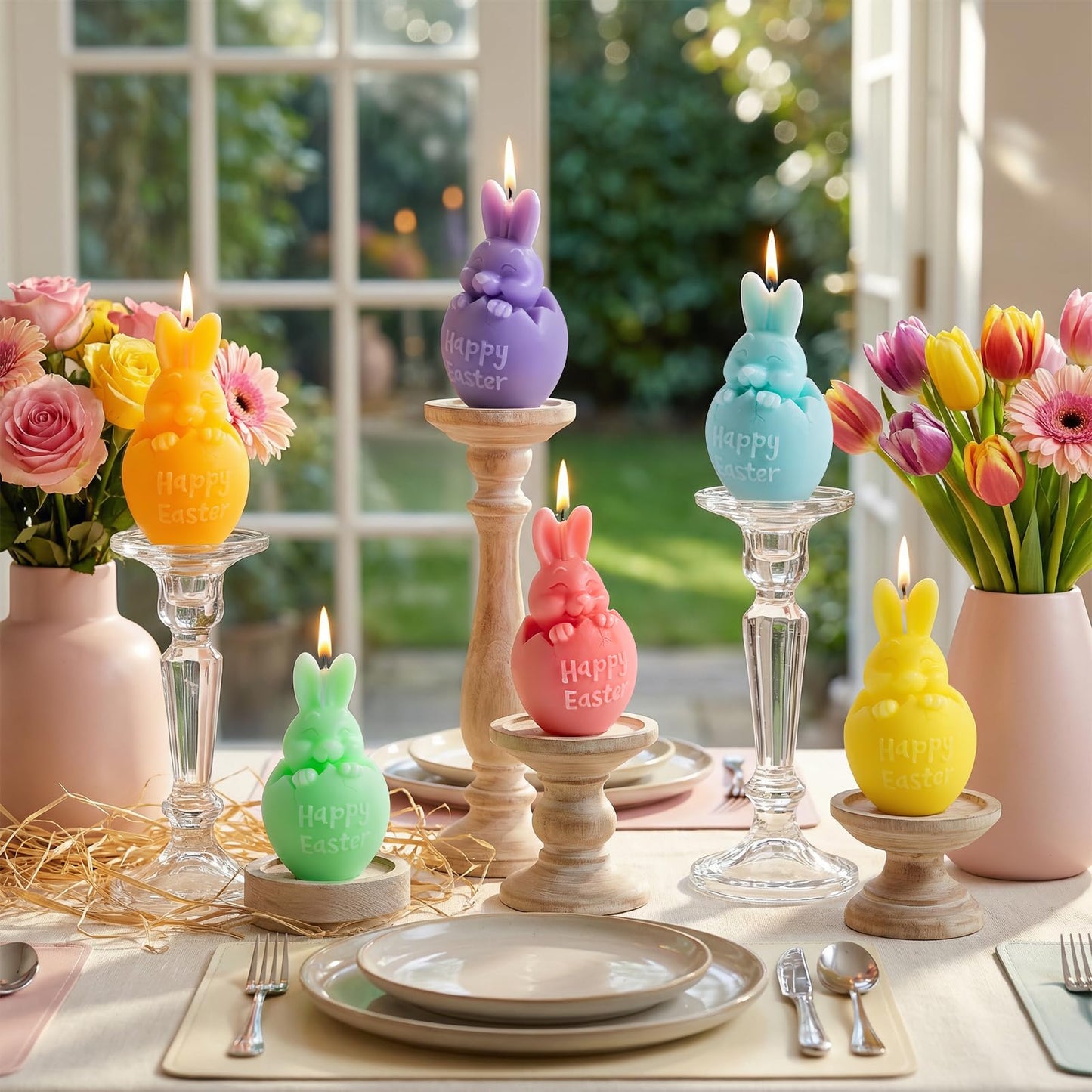 Lanpn 6 Pcs Easter Bunny Candles Gift Set, Mini Rabbit Shaped Votive Tea Lights, Easter Flower & Fruit Scented Candles, Each 4.4 oz, Spring Party Holiday Decor Home Table Centerpiece, Macaron Color