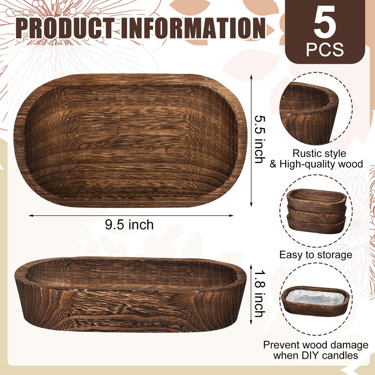 badashun 5 Pack Wooden Dough Bowls,Dough Bowls for Candle with Fire-resistant Coating,Rustic Paulownia Wood Bowl,Kitchen Table Home Bathrooms Farmhouse Decoration (9.5 x 5.5 x 1.6 Inch,Brown) (5)