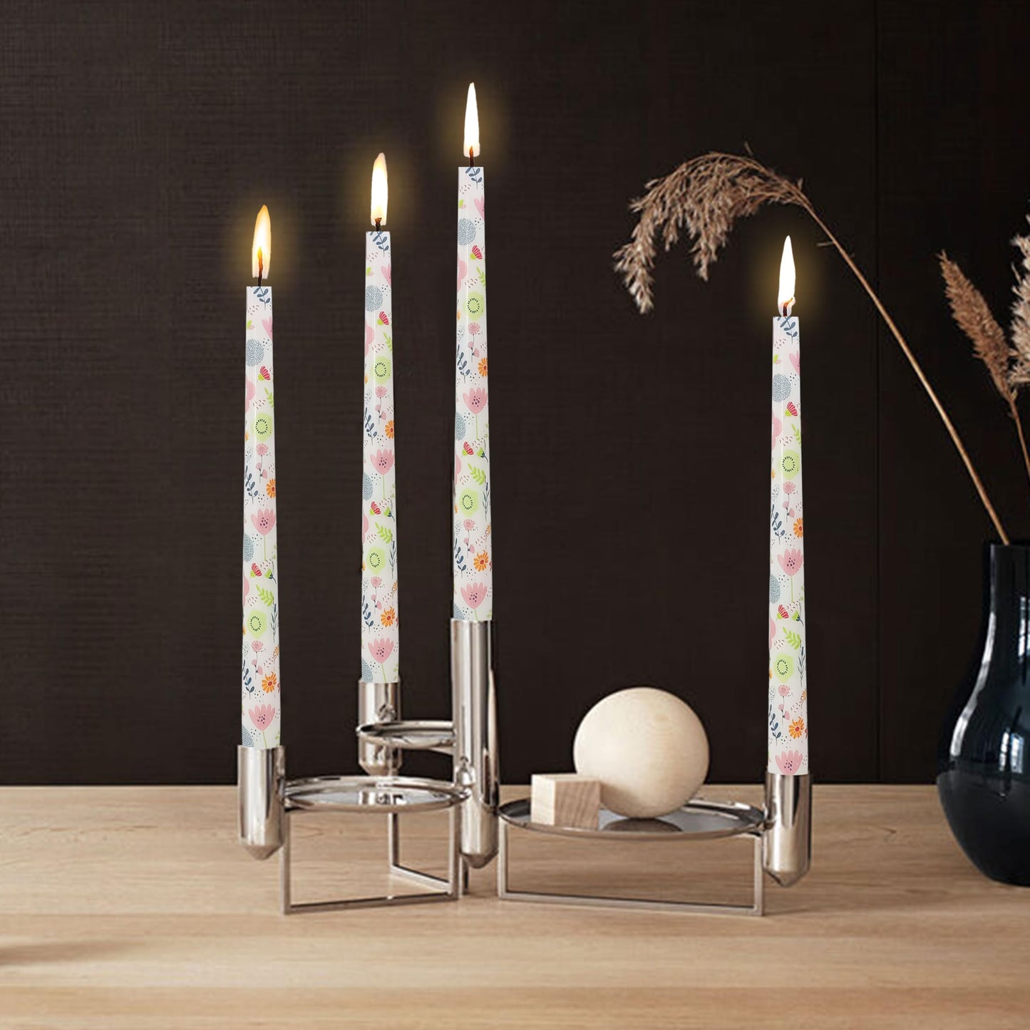 Floral Candlesticks 10 in Long Taper Candles Handmade Printing Candlesticks Tall Tapered Candle Sticks for Home Wedding Dinner Decor Simple Modern, 4 Pack