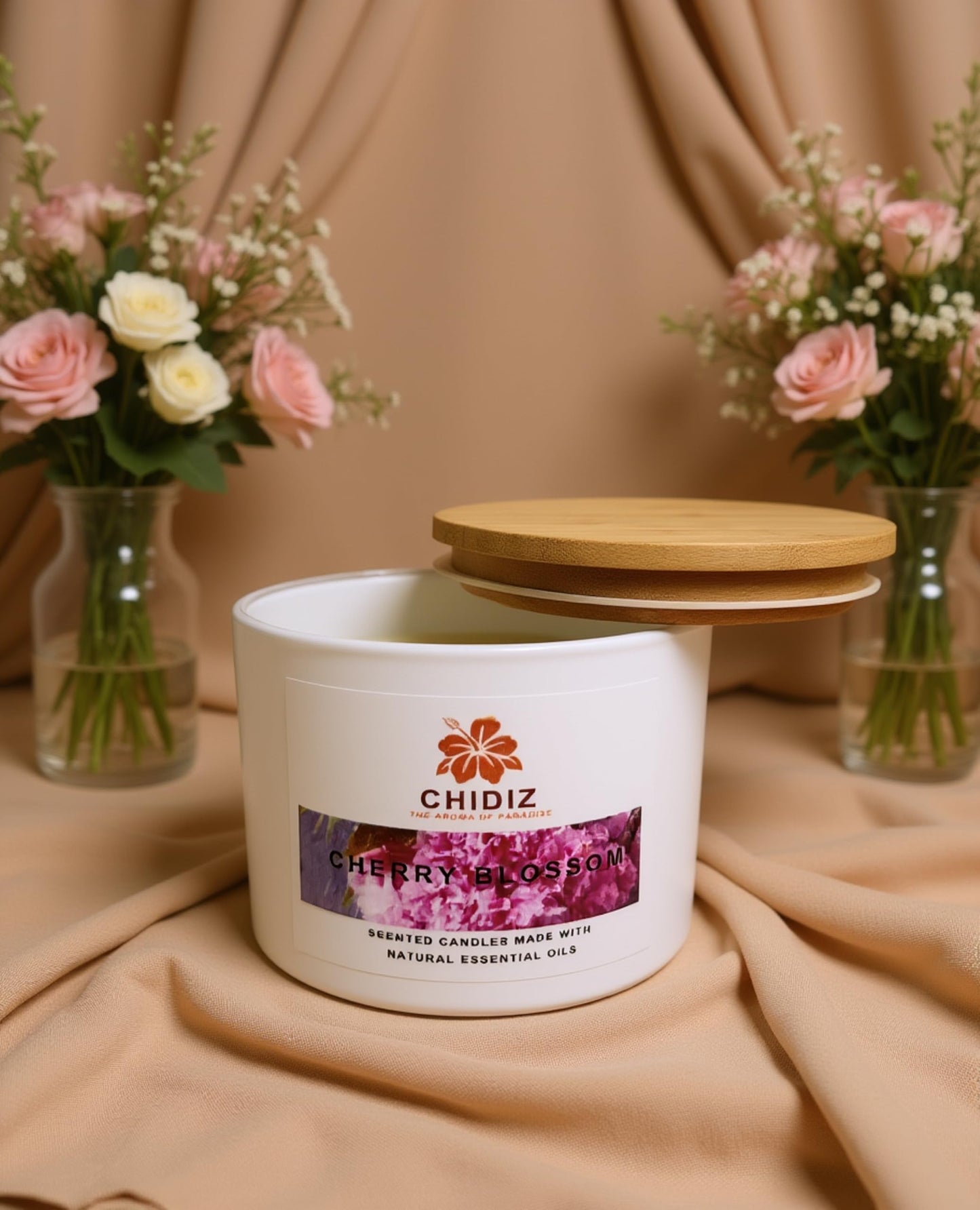 CHIDIZ Cherry Blossom Soy Scented Candles | Large 1 Wick Jar Candle | Up to 45 Hours Burning Time | Relaxing Aromatherapy Candles | Housewarming Gift for Women and Men (Medium, Cherry Blossom)