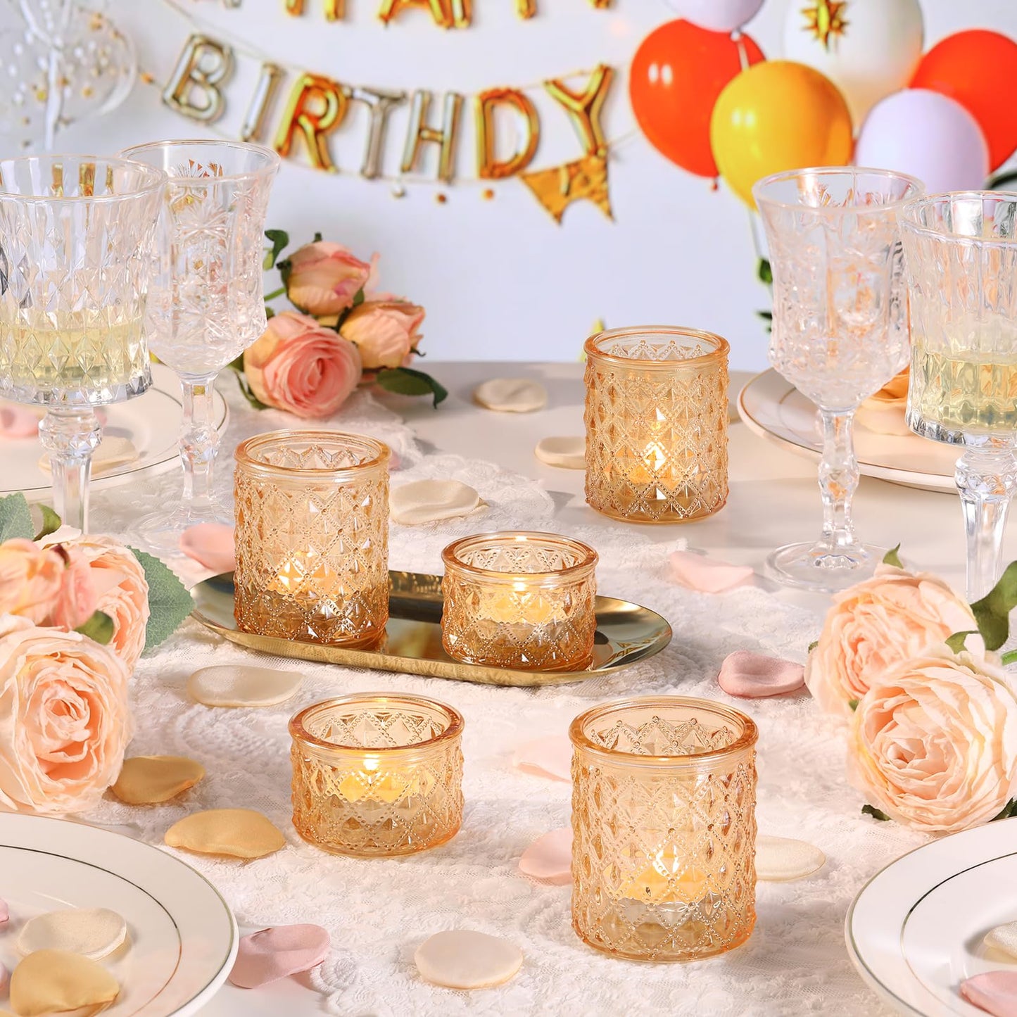 MATAHUM 20 Pcs Gold Glitter Diamond Tealight Candle Holders, Luxury Glass Votive Candle Holders Bulk, 2 Sizes for Wedding Centerpieces, Bridal Shower, Birthday, and Anniversary Party Decor