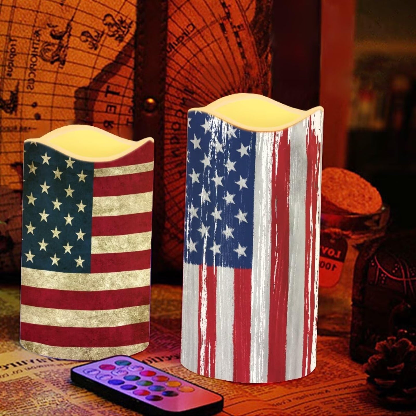 Ystardream 4 Pcs Independence Day Flameless Projector Candle with Remote Timer-American Flag Patriotic Projector Light LED Candles Battery Operated for 4th of July Home Indoor Holiday Party Decoration