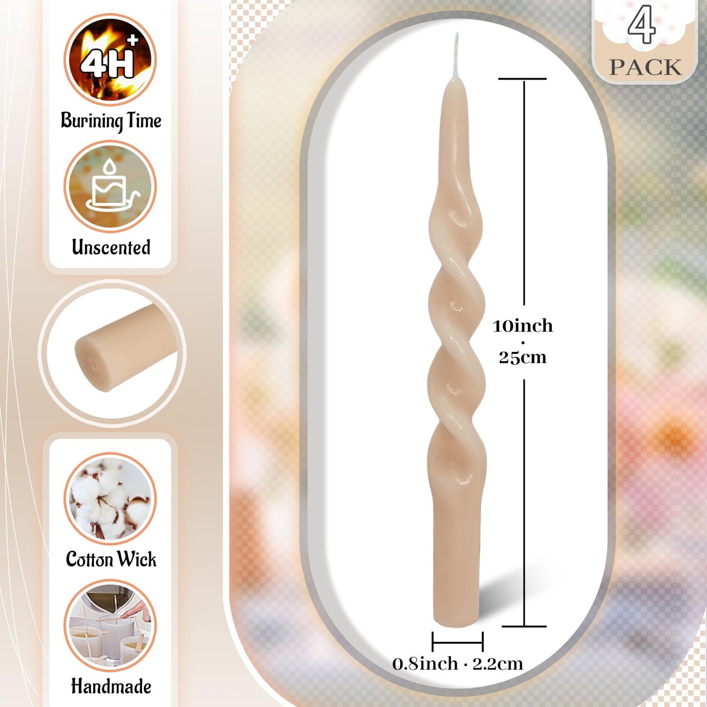 FLAMMUL Gradient Brown Spiral Candles 10 Inch Long Twisted Candlesticks - Handmade Burning Candlestick Dinner Candles for Table Home Decor Wedding 4 PCS
