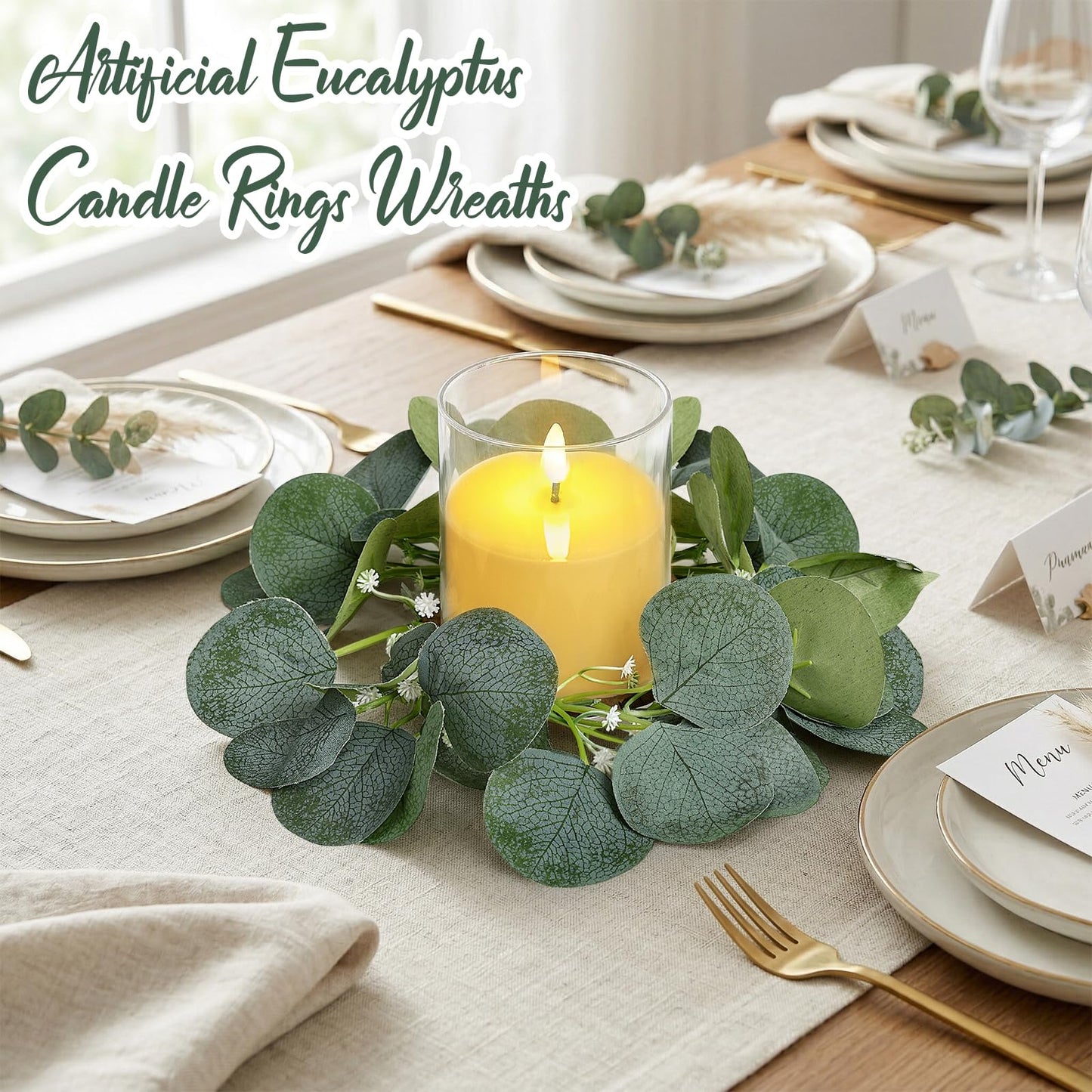 Tobilu 20 PCS Candle Rings - Artificial Eucalyptus Leaves Candle Wreaths Greenery for Pillar Fireplace Wedding Table Centerpieces Farmhouse Home Kitchen Decor