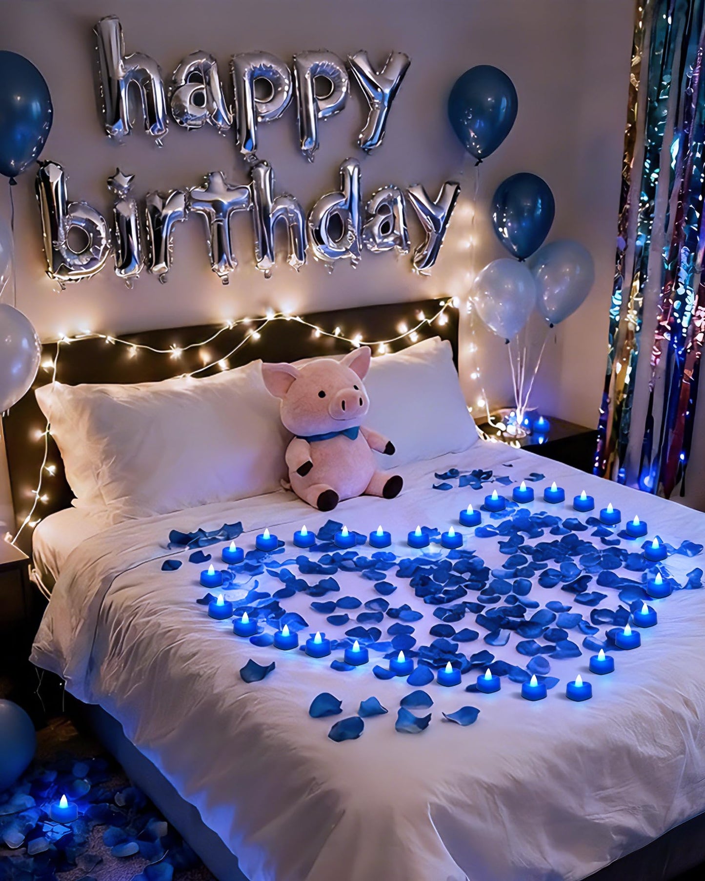 Amagic 4000 Pieces Blue Artificial Rose Petals with 50 Blue Heart LED Tea Lights, Rose Petals and Candles Set for Proposal, Anniversary, Romantic Night, Wedding Decor