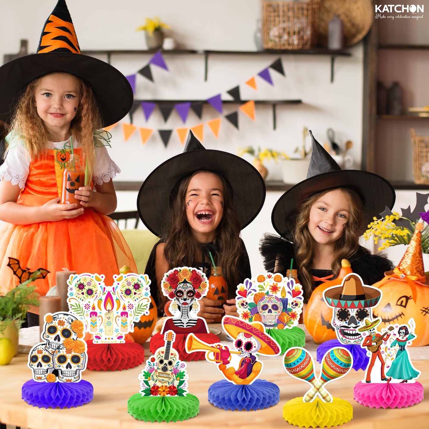 KatchOn, Halloween Decorations Set - Pack of 24 | Floating Candles with Wand Remote-12 Pcs & Halloween Centerpieces for Tables- Pack of 12 | Day of The Dead Centerpieces for Spooky Party Decor