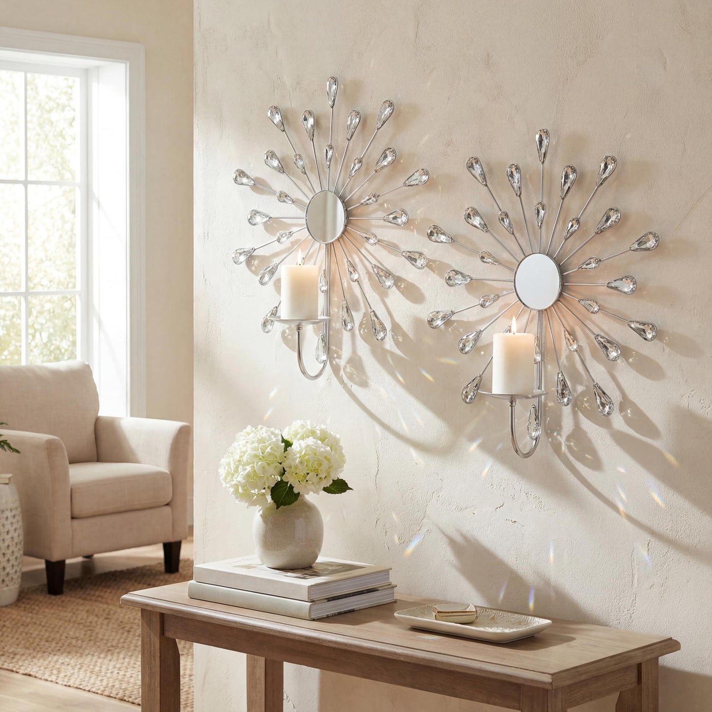 ZEXUIRU 2 Set Starburst Candle Sconces for Wall Decor Living Room Bedroom Dining Room Metal Bling, Crystal, Mirrored Modern Wall-Mounted Candle Sconce Holders Hanging Decor-Silver 13in