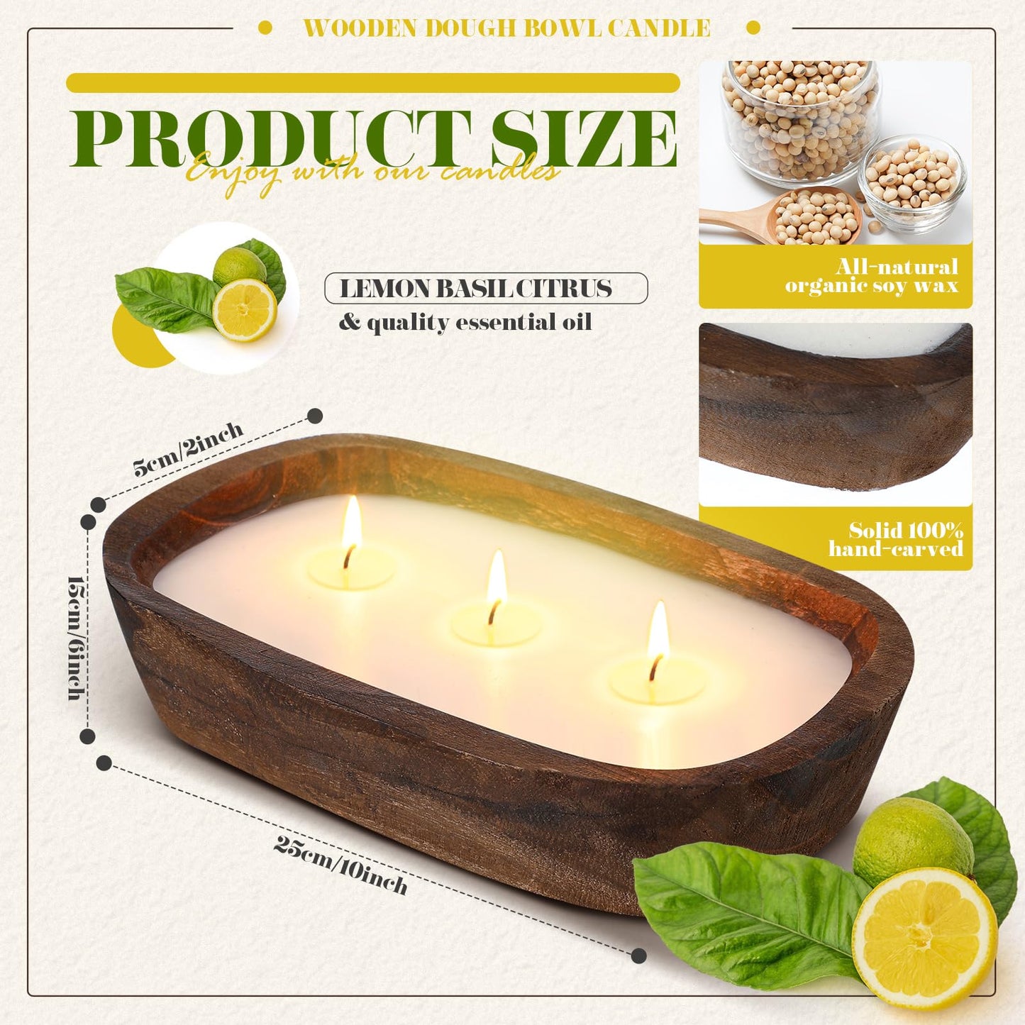 Threlaco 1 Pack 10 Inch Wood Dough Bowl Candles Home Rustic Dough Bowl Soy Candle 3 Wick Scented Candles Gifts for Men Women Farmhouse Table Centerpiece Home Decor for Christmas(Lemon Basil & Citrus)