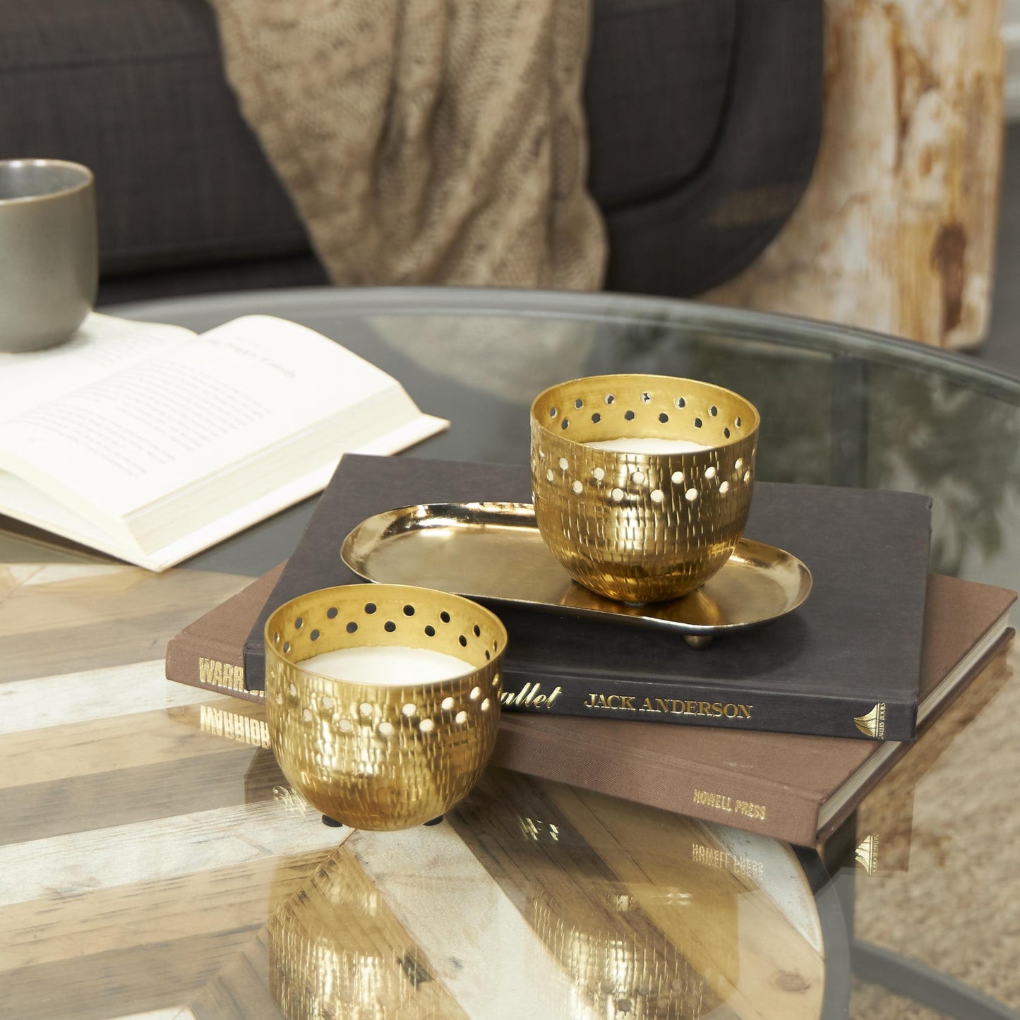 Deco 79 Metal Decorative Candle Jasmine Scented Cutout Spotted 7 oz 1 Wick Aromatherapy Candle with White Wax, Set of 2 Wax Aromatherapy Candle 8" W, 4" H, Gold