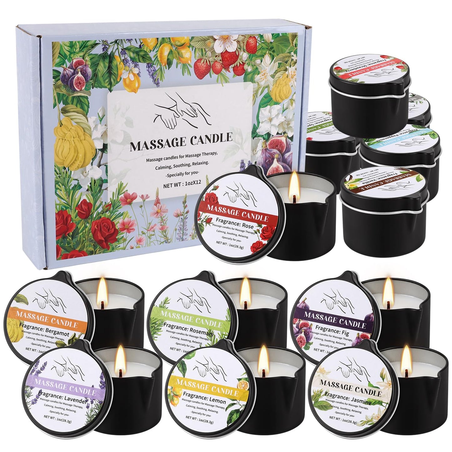 12pcs Massage Oil Candle,Moisturising Natural Soybeans Gift Sets,1oz Low Temperature Body Oil Scented Candles for Home Spa & Relaxation