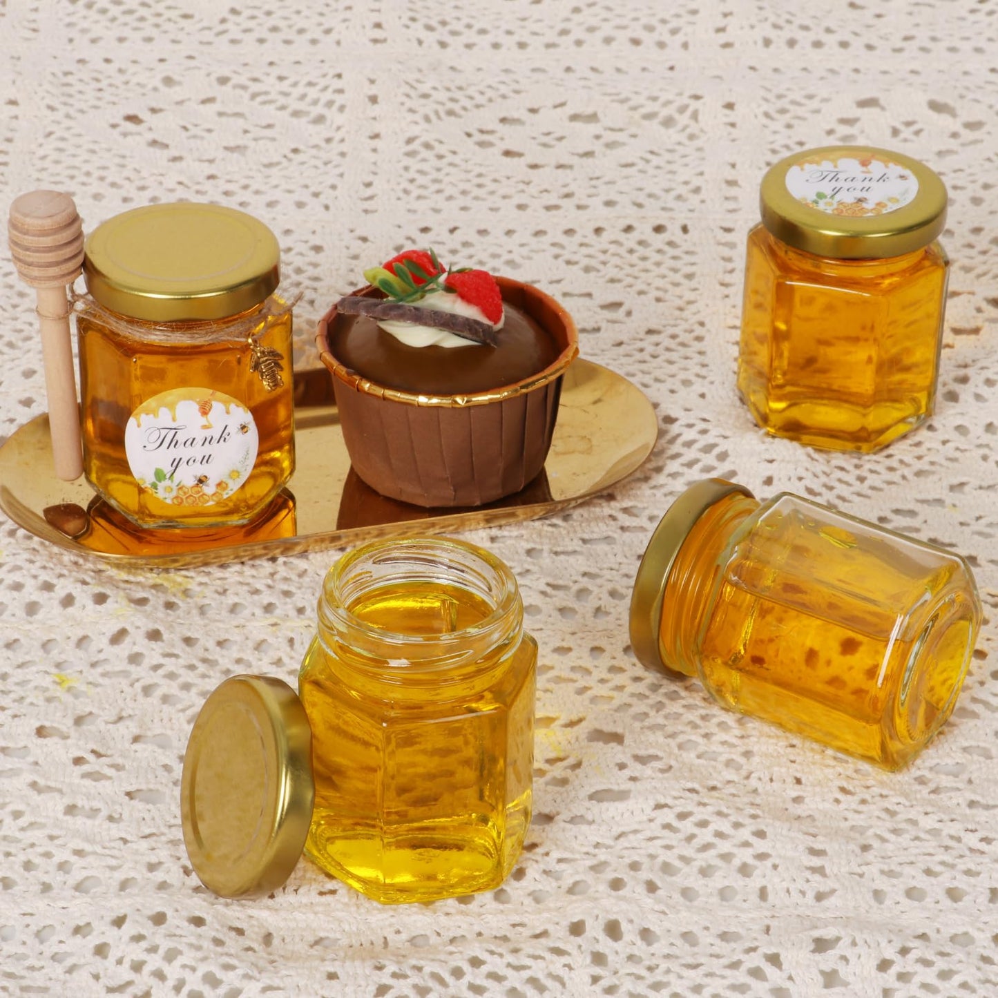 BIGIVACA 3 oz Hexagon Mini Glass Honey Jars with Wood Dippers,48 Pack Small Honey Jars with Gold Lids,Bee Pendants,Jutes,Bee Stickers,Perfect for Baby Shower,Wedding Favors,Party Favors