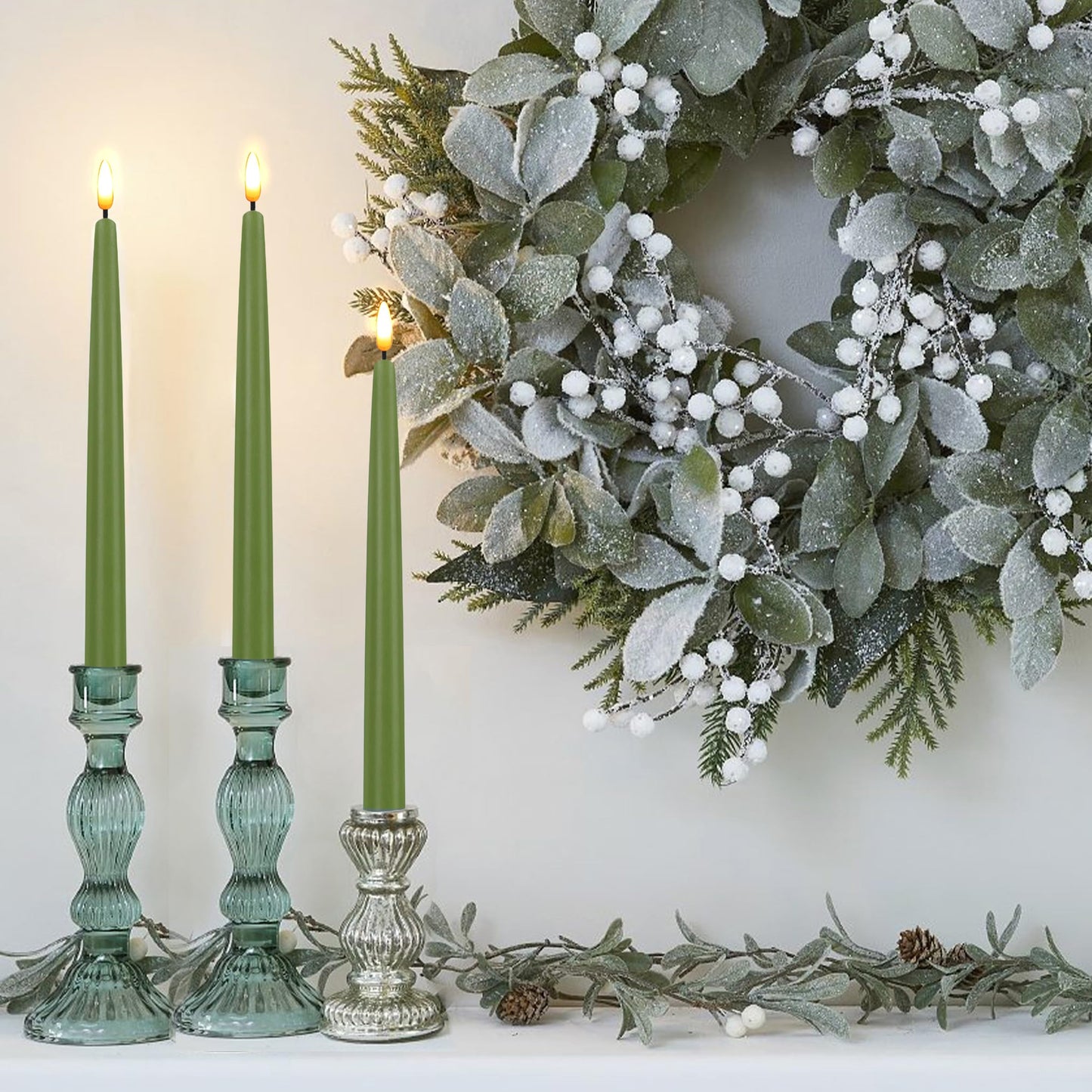 CVHOMEDECO. Flameless Taper Candles with 10-Key Remote, Battery Operated Led Flickering 3D Wick Window Candles Real Wax Finished Home Christmas Party Decor 0.78 x 11 Inch, Pack of 3, Sage Green