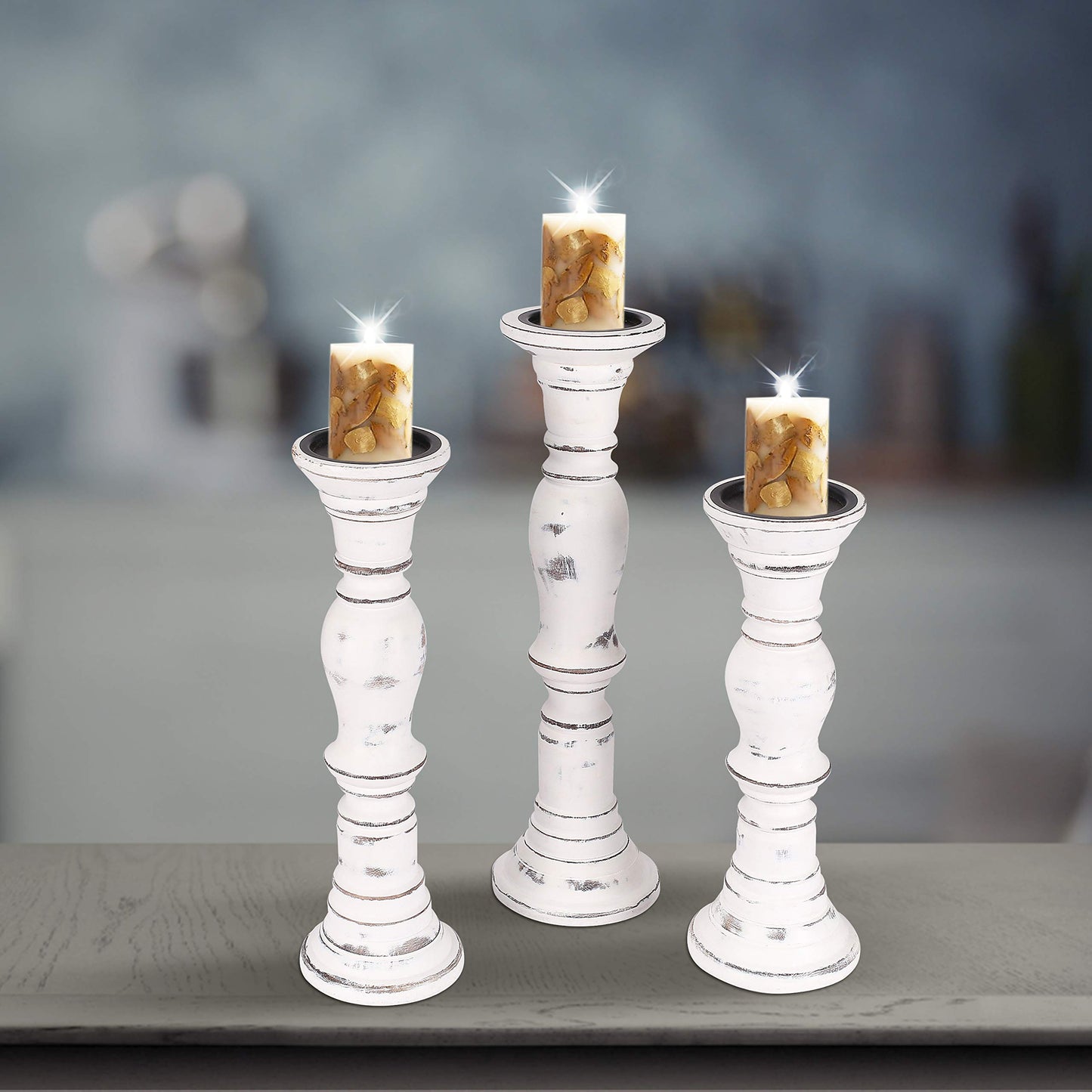 Candle Stands Wooden for Pillar Candles,Rounded Turned Colums, Sustainable Woods, Country Style, Idle for Reiki, Aromatherapy, Votive Candle Garden Home décor - 16,14,12 Inch Set of 3 - White Antique