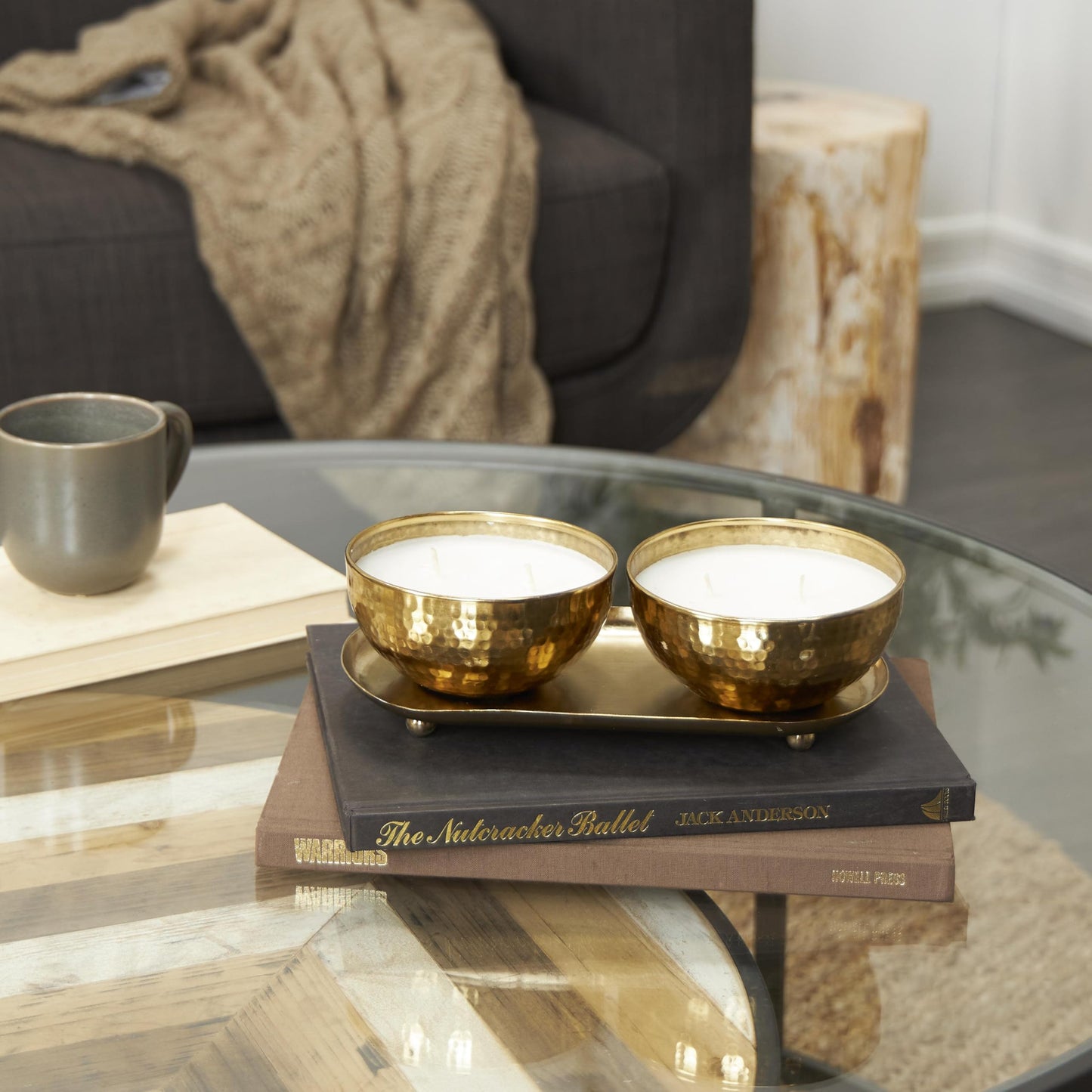 Deco 79 Metal Decorative Candle Egyptian Mint Scented Hammered 12 oz 2 Wick Aromatherapy Candle with White Wax, Set of 2 Wax Aromatherapy Candle 10" W, 3" H, Gold
