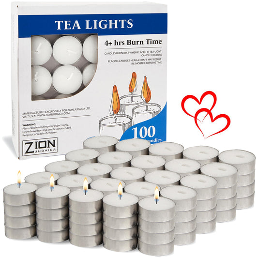 Zion Judaica Premium Unscented Tealight Candles Set Smokeless Multi-Pack Tea Candles Dripless Clean Burning Tea Lights Long Lasting Candlelight for Home Décor Religious Ceremonies (4 Hour, 100, Count)
