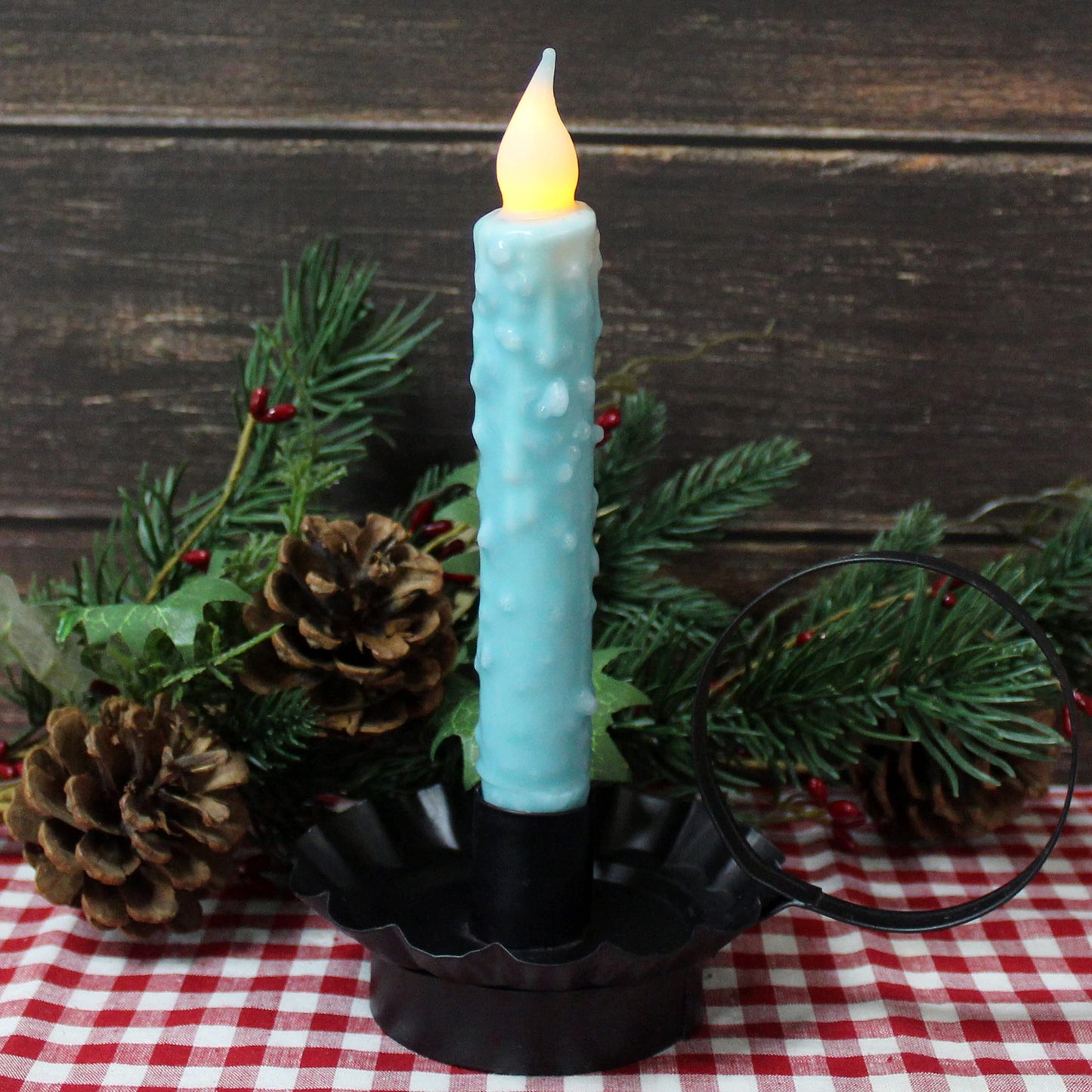 CVHOMEDECO. Real Wax Hand Dipped Battery Operated LED Timer Taper Candles Rustic Primitive Flameless Lights Decor, 6-3/4 Inch, Teal, 3 PCS in a Package