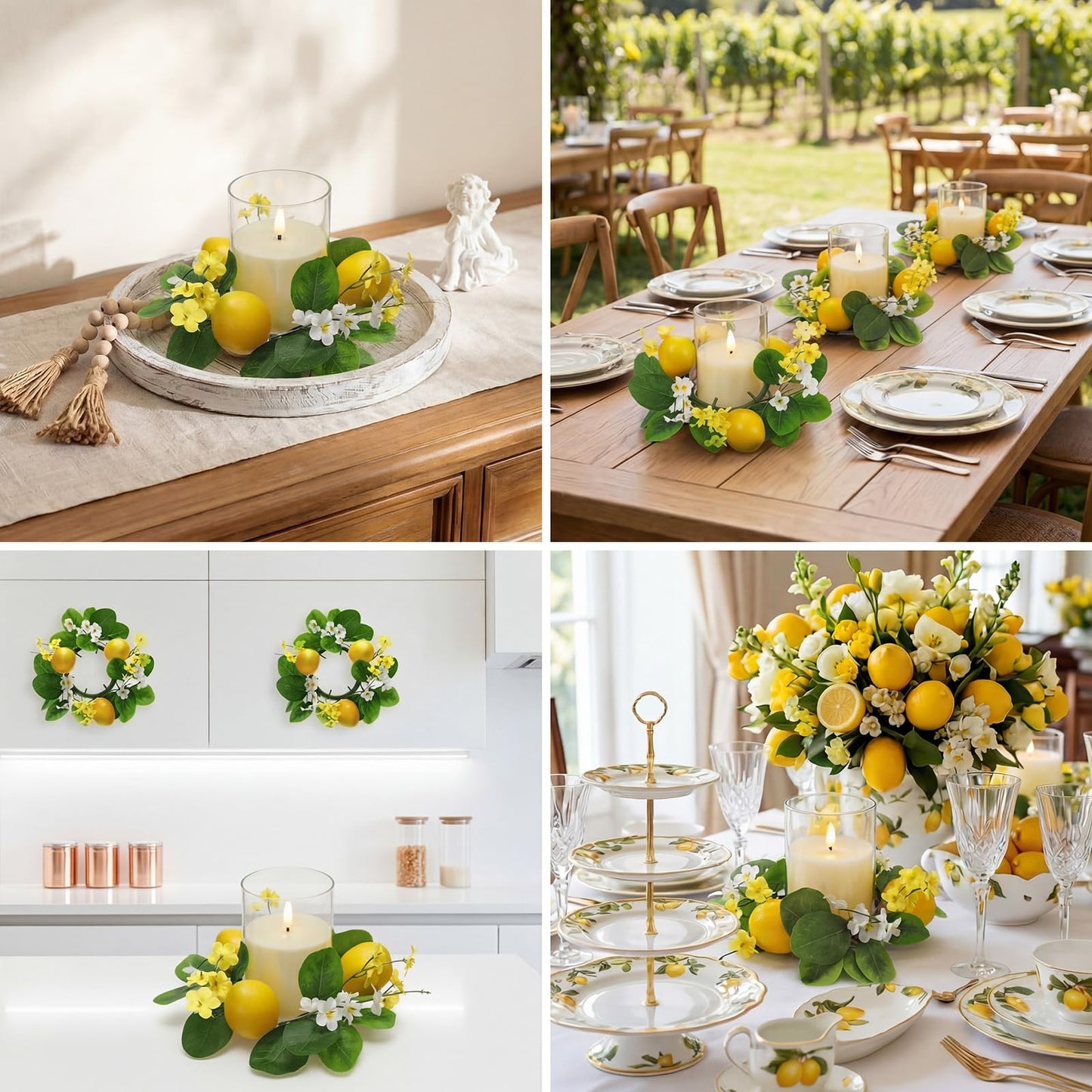 Yunlly 4 Pcs Artificial Lemon Candle Rings Wreaths Decorative Greenery Candle Holder with Yellow Lemons and White Flowers with LED Flameless Candles for Farmhouse Summer Wedding Home Table Centerpiece