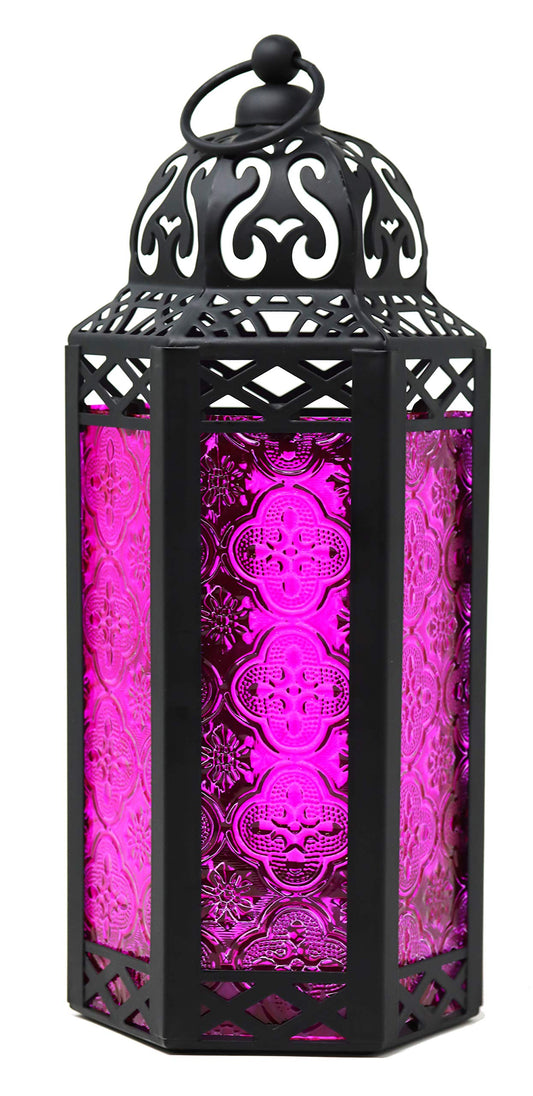 Vela Lanterns Decorative Indoor Candle Holder Table Centerpieces - Moroccan Hanging Outdoor Patio & Porch Home Decor, Turkish Lamp for Wedding, Ramadan (Medium 10.5", Pink Glass)