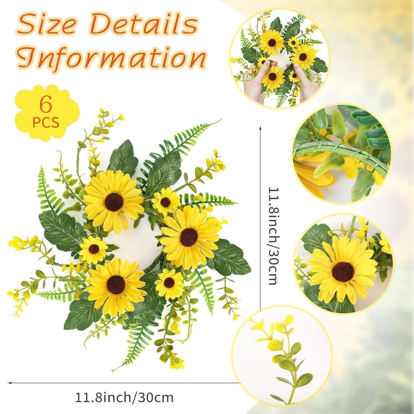6Pcs Sunflower Wreath for Front Door Artificial Sunflower Spring Summer Table Centerpieces Wreath Fake Yellow Floral Candle Rings Wreaths for Pillars Cabinets Wedding Table Home Décor