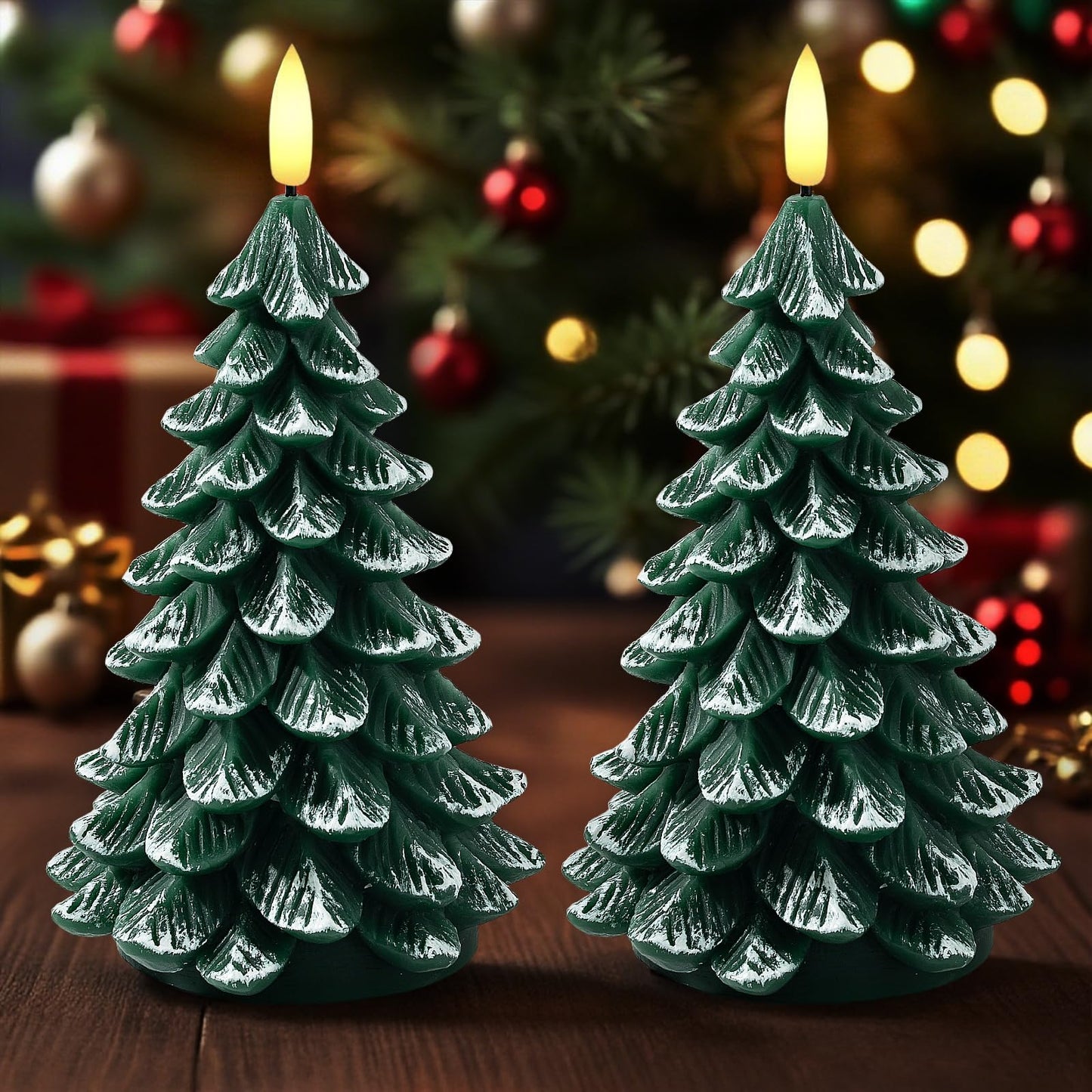 ARIKJ Christmas Decorations Indoor, Christmas Decor - Christmas Tree Candles Battery Operated, Flameless LED Candle Lights with 6H Timer, Xmas Home Decor, Set of 2(Green)