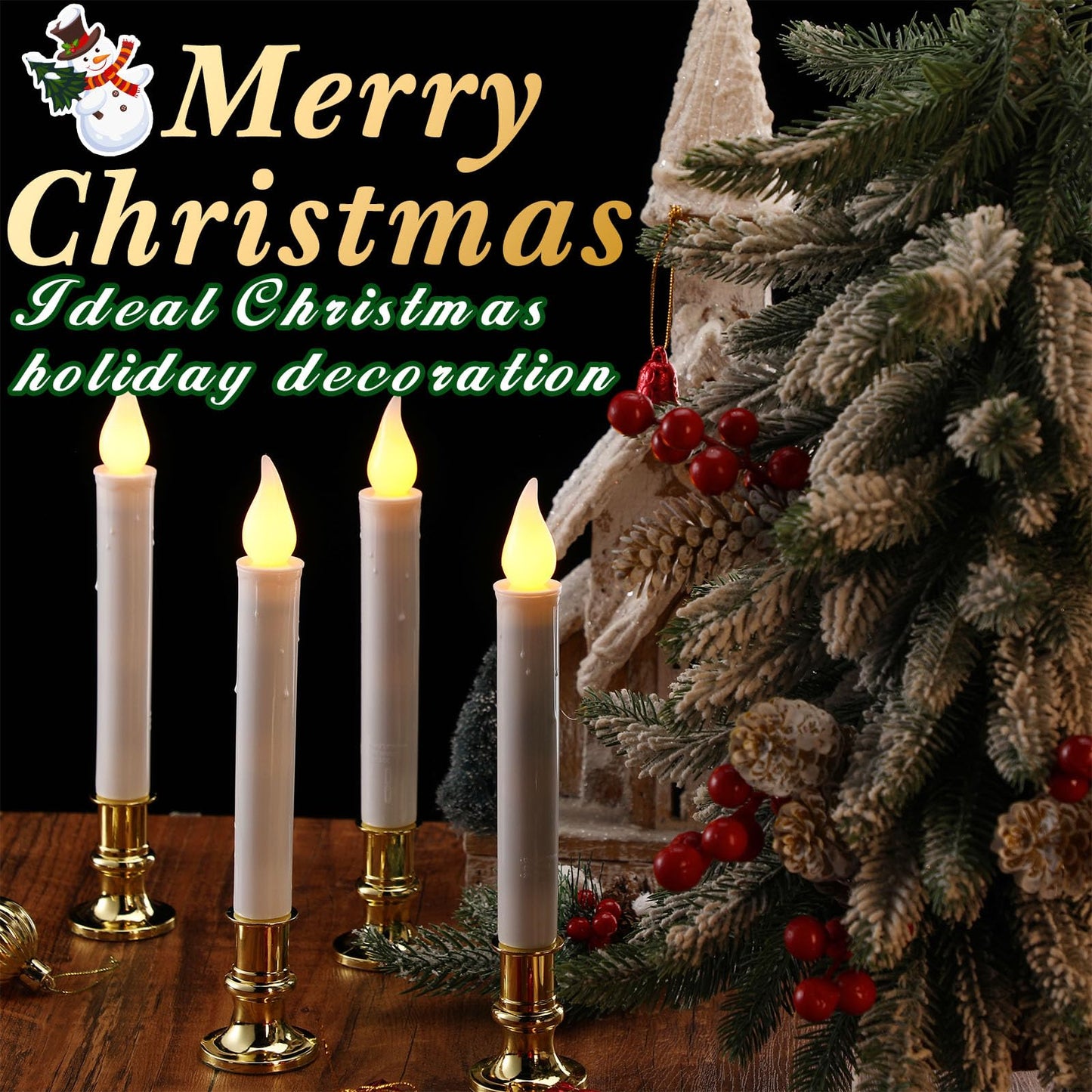 Baquler 8 Pcs Christmas LED Window Candles with Sensor Dusk to Dawn Light Sensor 9.37 Inches Cordless Flameless Battery Taper Candles with Flickering Amber Flame for Xmas Home Decor(Gold)