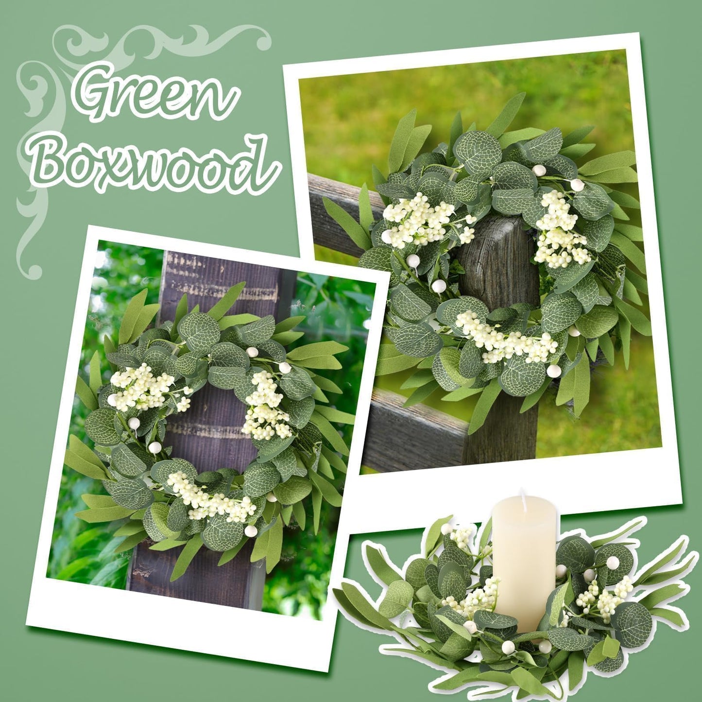 6 Pcs Green Artificial Eucalyptus Candle Rings Wreaths Mini Green Summer Kitchen Cabinet Wreath Table Centerpieces with White Berry for Pillars Farmhouse Porch Front Door Wedding Decor