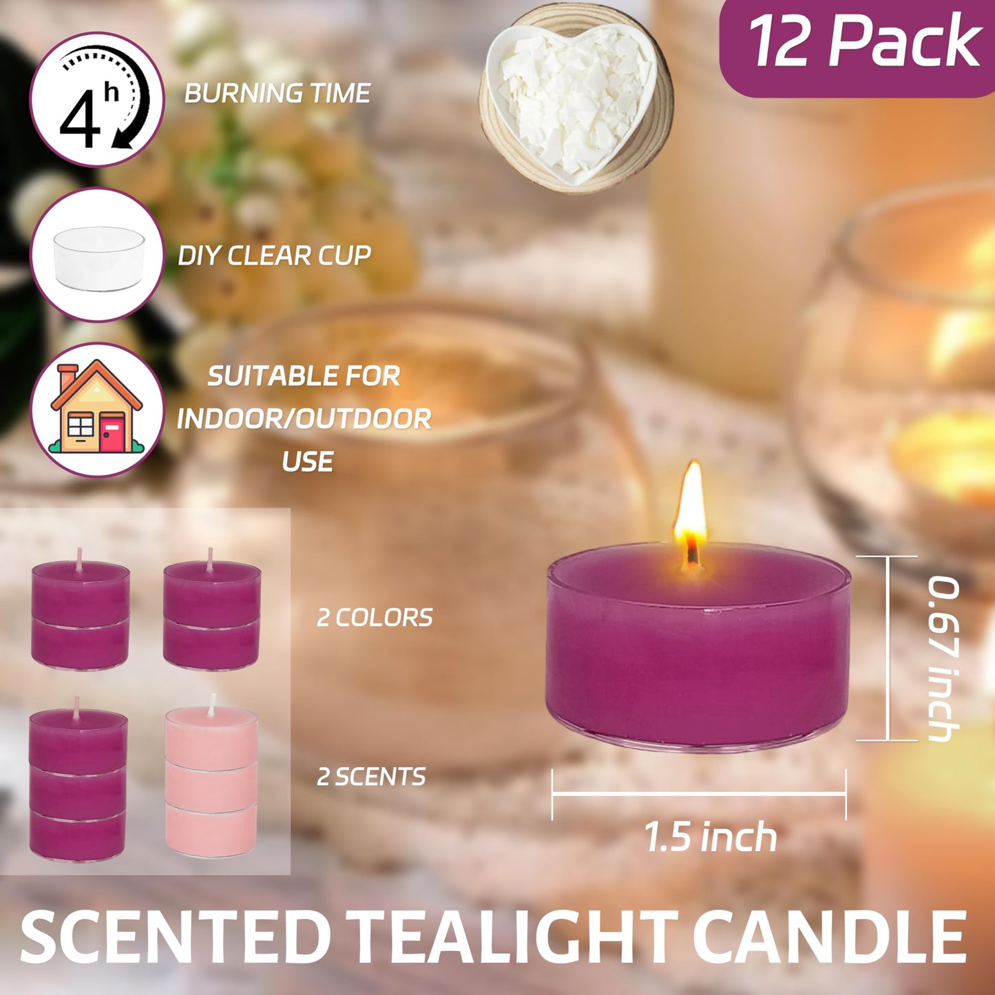 Scented Tealight Candles - 9 Deep Purple 3 Light Pink Tea Lignt Candles for Christmas Advent Holiday Mantel Decor Bath Relaxation, Perfect for Home Use and Gifting
