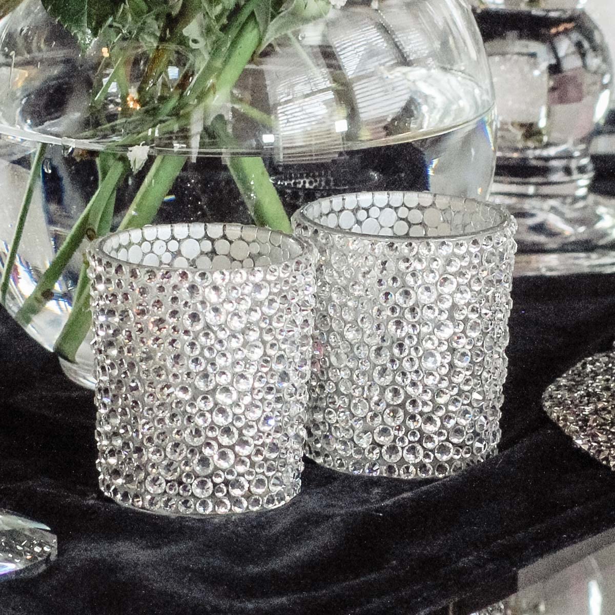 Strass Votive Holder, Glass, Sparkling Rhinestones, Candlelight, for an Elegant, Romantic Aesthetic, Silver, 2", Sold Individually