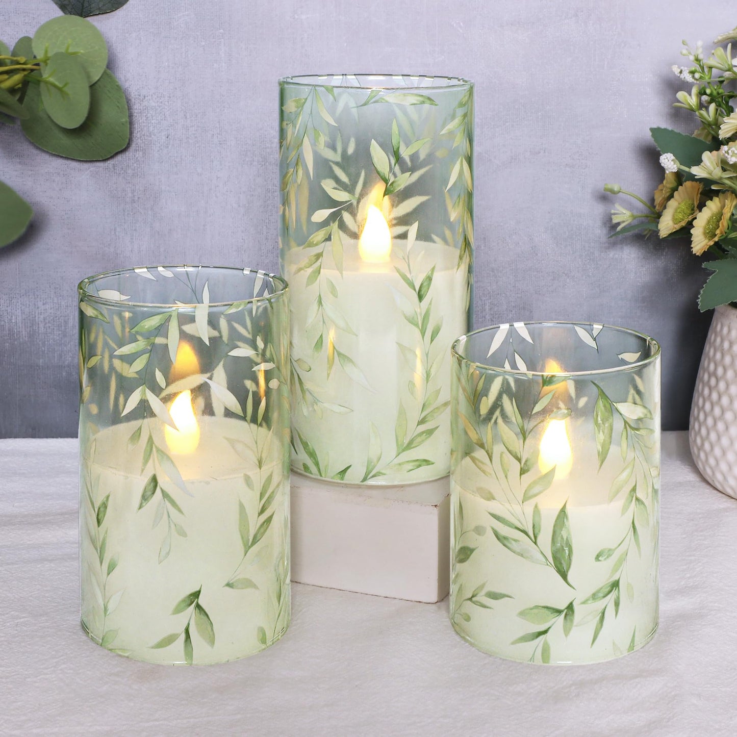 Silverstro Green Flameless Candles with Remote Control - Willow Leaf Design Battery Operated Candles - Elegant Home Christmas Spring Summer Decor Set of 3