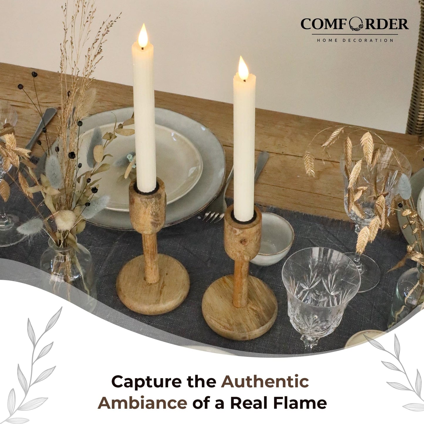 comforder Flameless Taper Candles – Flickering LED Flame with 6H Timer – Real Wax, Ribbed Design – Battery Operated Set of 2 – 10" Tall (Cream)