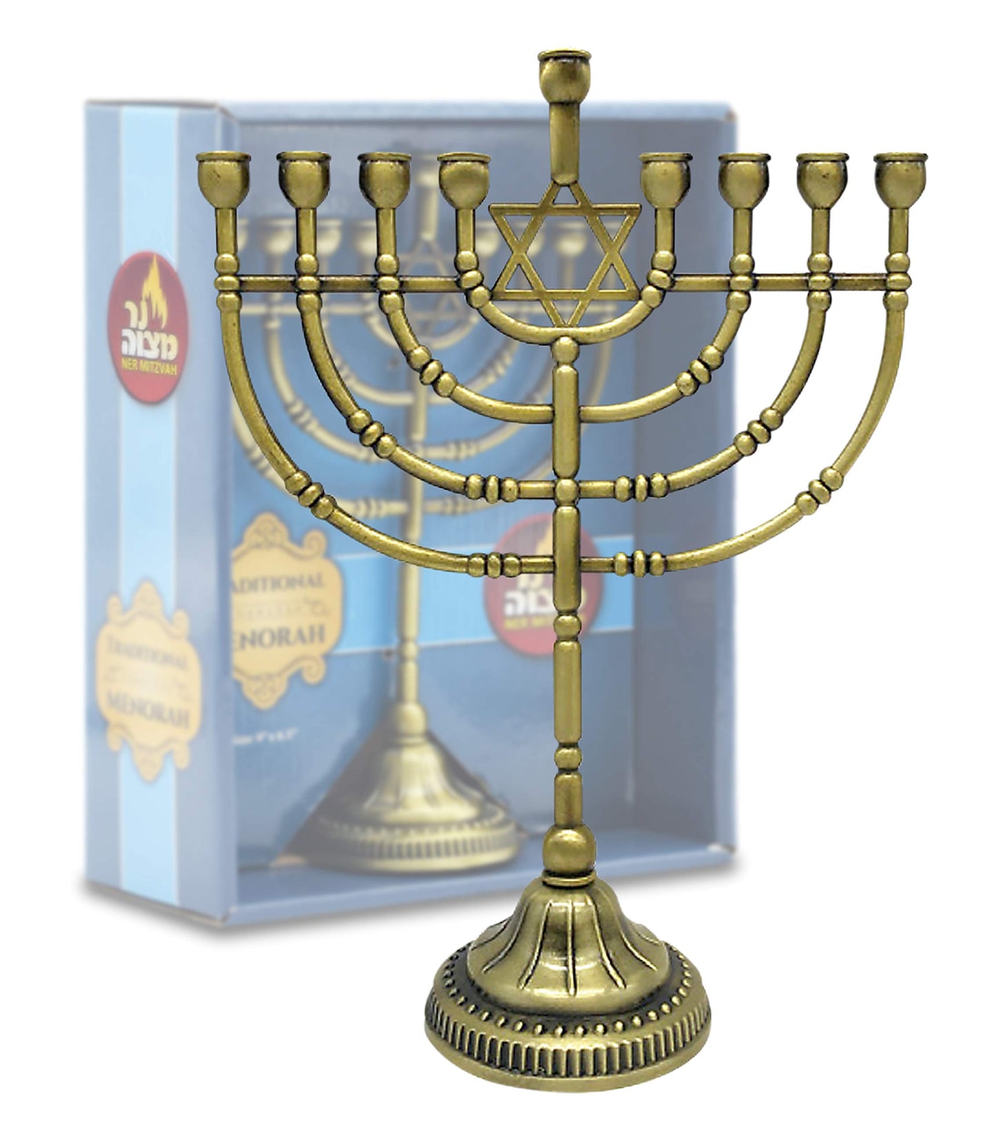 Ner Mitzvah Traditional Bronze Candle Menorah - Chanukah Candles - 9" High