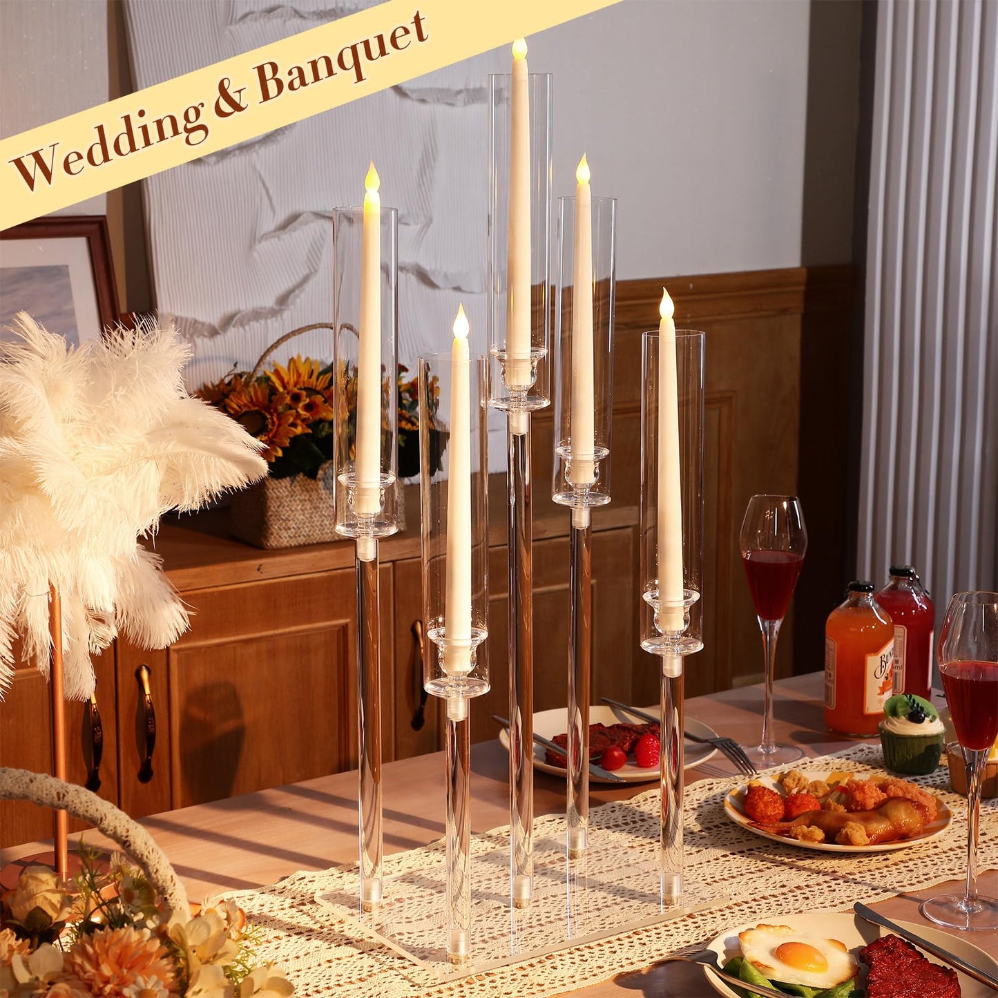 Hushee 4 Set 5 Arms Acrylic Candelabras Centerpieces with 20 Pcs LED Candles Clear Candle Holder Crystal Taper Candlestick with Rectangular Base for Dinner Party Table Fireplace Wedding Decoration