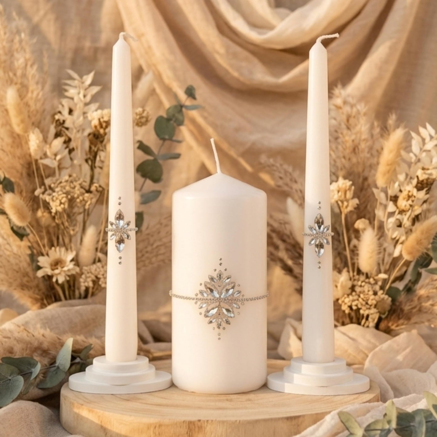 Magik Life Unity Candle Set - Wedding Ceremony & Reception – 6” Pillar & Two 10” Taper Candles – Long Burning Unity Candles for Marriage Ritual – Handmade in USA –White|Cristal|Classic
