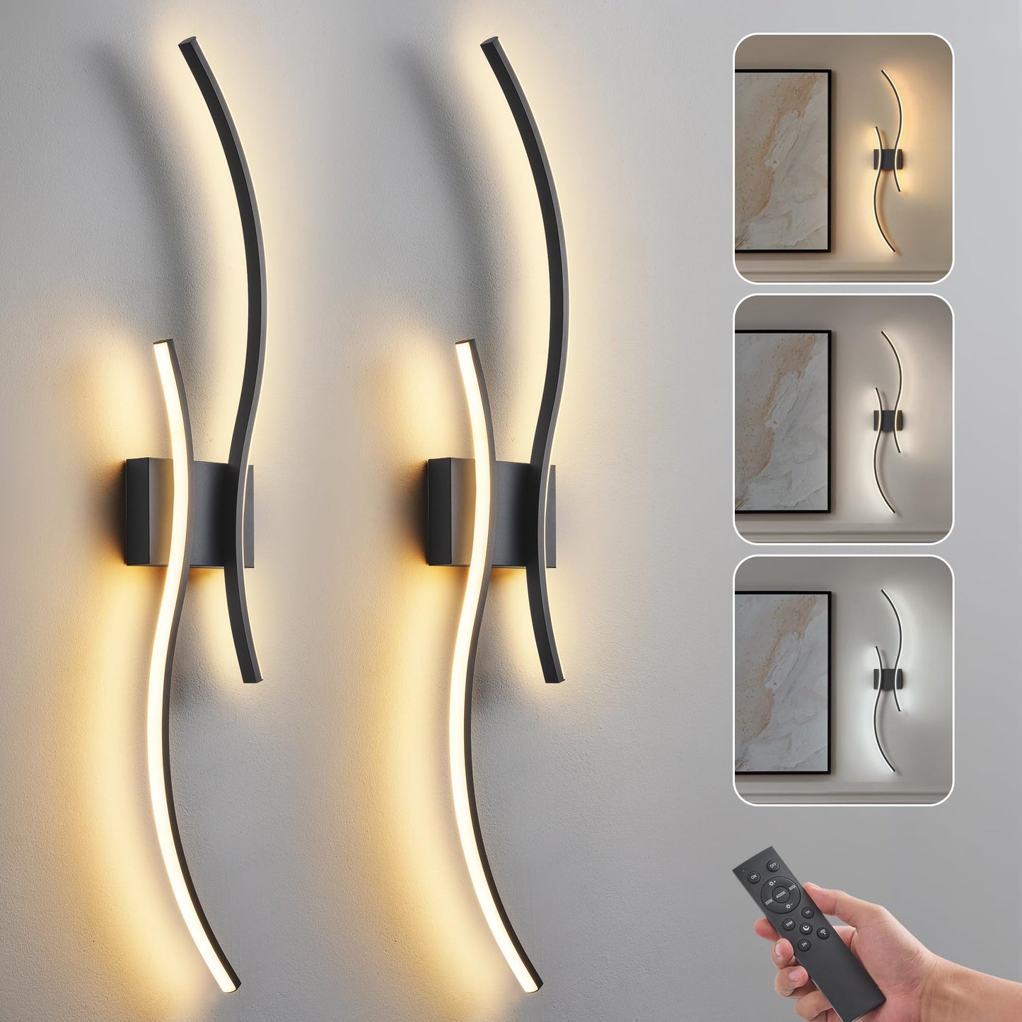 GLOTHOR Battery Operated Wall Sconces Set of 2, Dimmable Modern LED Rechargeable Wall Light with Remote Control, Wall Decor for Living Room, Hallway, Quick Install, No Electrician Required