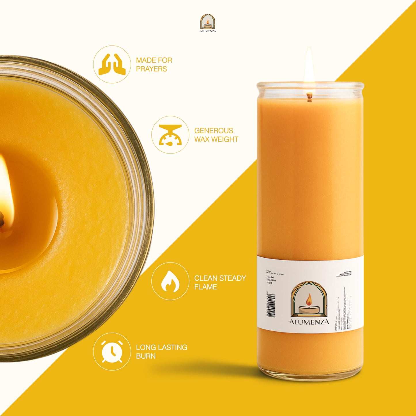 Alumenza 3 Pack Yellow 7 Day Candles in Glass Jar – Paraffin Wax, Clean Burning Unscented | Large & Tall Devotional Prayer Pillar Candles for Home, Memorial, Spells, Long Lasting